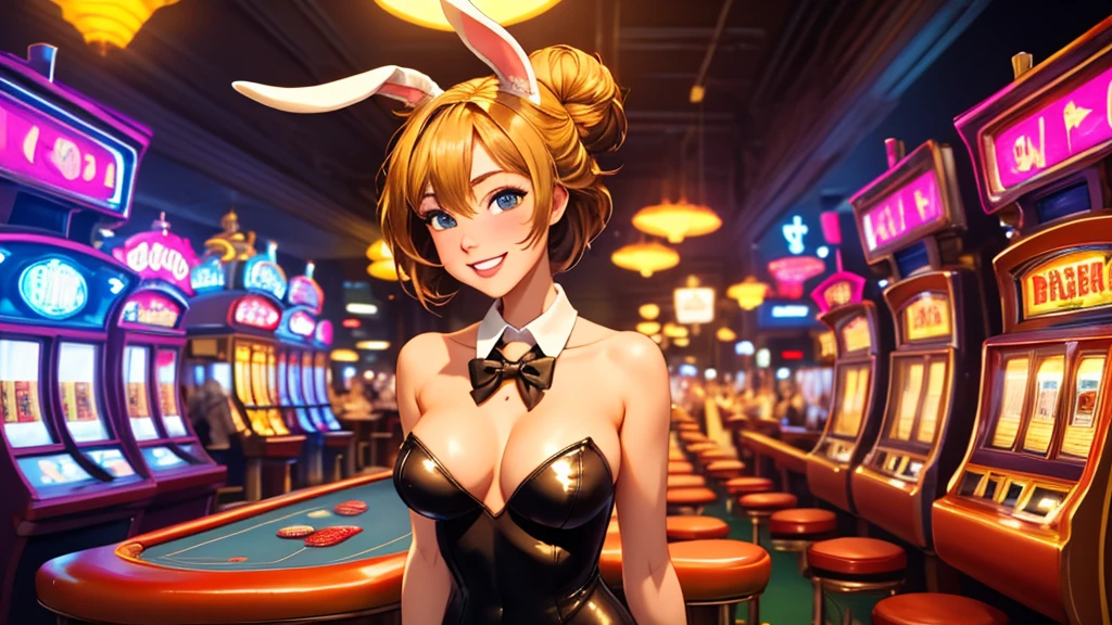 masterpiece, best quality, 1girl, solo, looking at viewer, breasts, playful, smiling, mature female, collarbone, janeporter, short hair, hair bun, playboy bunny, detached collar, fake animal ears, rabbit ears, rabbit tail, cyberpunk, neon lights, indoors, casino, yellow leotard, bowtie, depth of field,