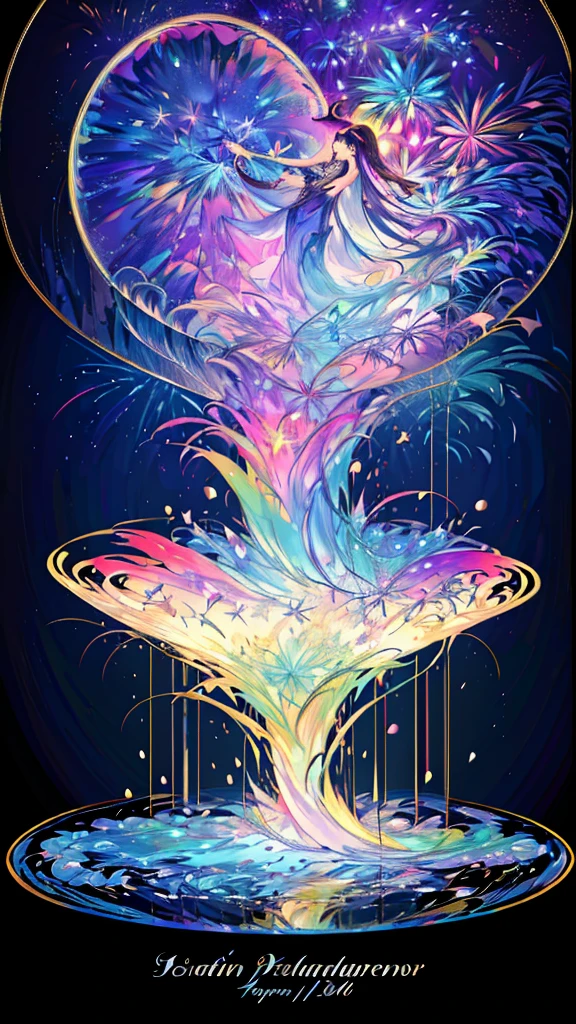 Highest quality、Highest quality、(masterpiece、Highest quality、Highest quality、Official Art、Beautiful and aesthetic:1.2)、Highly detailed fractal art、(colorful:1.5)、Best details、Tangled、Close-up、 (One Girl:1.5), solo, (Dynamic Pose), (Abstract background:1.5), (Glowing Skastic scenery、firework、firework大会、Rainbow colorsのfireworkが打ちあがっている瞬間、With the night sky、Cyberpunk Cityscape、Cyberpunk Cityscapeで壮大なfirework、Highest quality、masterpiece, (Diffuse reflection of light:1.2), When the fantastic rainbow turns into shadow, bathed in a mystical atmosphere.The fairies are watching too、colorfulな妖精、 Surreal lights dance on the water surface, Cast magic spells. evoke a sense of wonder and awe. A fusion of natural grandeur and magic, Weaving dreams into reality. Behold, null, And the unknown, Fleeting、And an eternal moment, 16K, Ultra-high resolution.Realistic, Ultra-high resolution, to be born, Wide-angle,future、Rainbow colorsに光り輝く、Rainbow colors、The world 30 years from now。