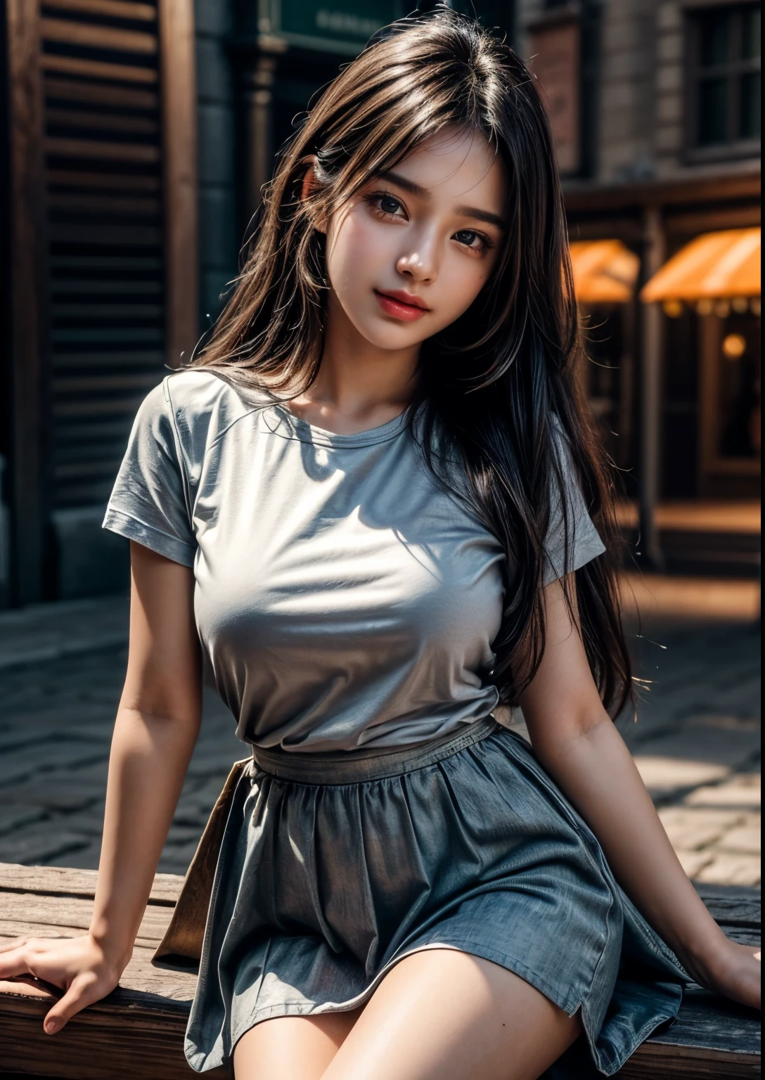 a beautiful indian young girl, ((15 years young girl)), detailed face with beautiful eyes and lips, long black hair, stylish hair, hair pin, romantic Eyes, beautiful eyes, smiley face, happy face, glow face, super round young breasts, navel, glow skin, bright skin, realistic skin, realistic smile, cutest smile, realistic body, one hand playing with hair, another hand on hip angle, ((T-shirt with above knee length skirt)), (multi colour youth dress), youth skirt, detailed youth dress, stylish dress, stylish t-shirt, stylish skirt, stylish look, stylish angle, photorealistic, realistic, masterpiece, ultra-detailed,8k, (best quality,8k,highres,masterpiece:1.2),ultra-detailed,(realistic,photorealistic,photo-realistic:1.37), highly detailed, cinematic lighting, vibrant colors, warm tones, masterpiece,highres,warm lighting, vibrant colors, soft focus, elegant, cinematic, highly detailed, professional digital art, UHD, Ultra HD, ultra realistic, hyper realistic, ultra sharp, vivid, realistic atmosphere, Beautiful rally atmosphere in background, beautiful background, detailed background, hyper-detailed background, cinematic photography, award winning Photography, Very High Resolution picture quality,
