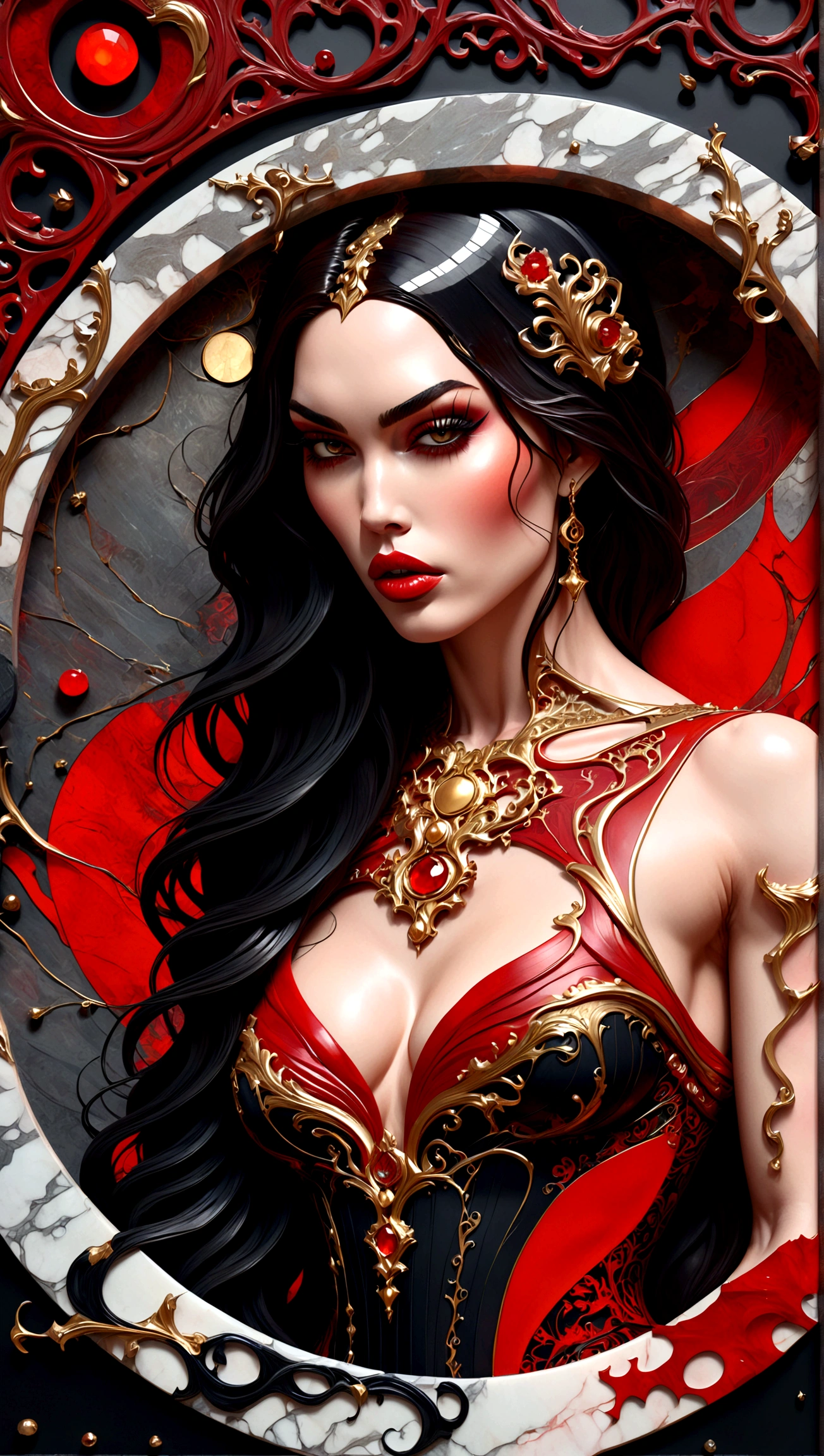 a beautiful illustration of megan fox as a very muscular vampire girl in an abstract marble texture with a tarot style frame, with colors of obsidian black, shiny gold, and ruby red, highly detailed, intricate design, BY Anne Bachelier,