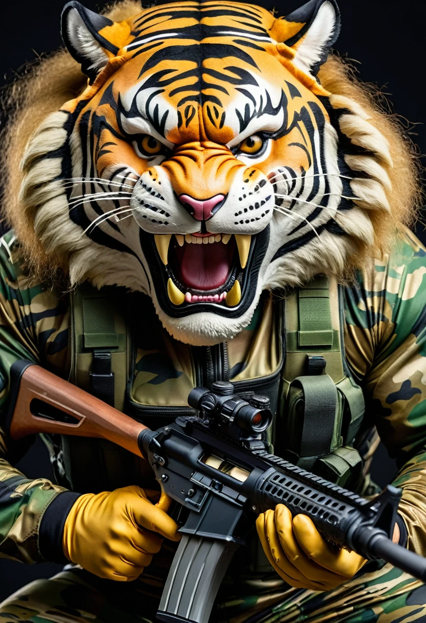 (a dark-skinned fat muscular old man in a bulky army camouflage zipper diver suit) shooting with sniper rifle and (wearing realistic roaring siberian tiger mask), muscular, Basuki Abdullah, sumatraism, action, a character portrait, heroic, fierce, snarling