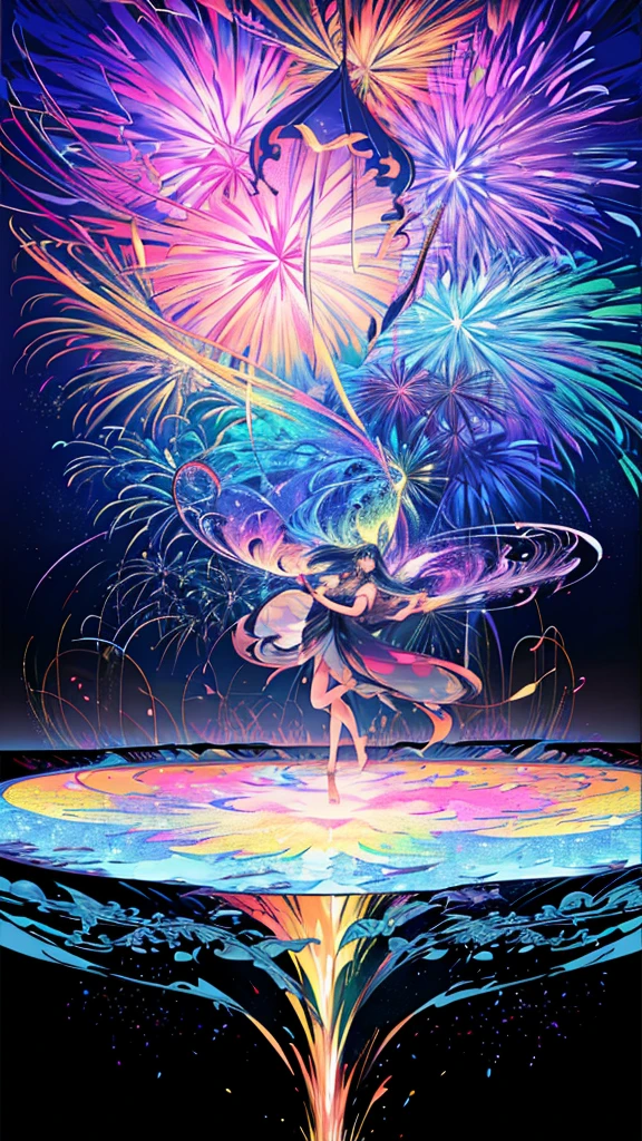 Highest quality、Highest quality、(masterpiece、Highest quality、Highest quality、Official Art、Beautiful and aesthetic:1.2)、Highly detailed fractal art、(colorful:1.5)、Best details、Tangled、Close-up、 (One Girl:1.5), solo, (Dynamic Pose), (Abstract background:1.5), (Glowing Skastic scenery、firework、firework大会、Rainbow colorsのfireworkが打ちあがっている瞬間、With the night sky、Cyberpunk Cityscape、Cyberpunk Cityscapeで壮大なfirework、Highest quality、masterpiece, (Diffuse reflection of light:1.2), When the fantastic rainbow turns into shadow, bathed in a mystical atmosphere.The fairies are watching too、colorfulな妖精、 Surreal lights dance on the water surface, Cast magic spells. evoke a sense of wonder and awe. A fusion of natural grandeur and magic, Weaving dreams into reality. Behold, null, And the unknown, Fleeting、And an eternal moment, 16K, Ultra-high resolution.Realistic, Ultra-high resolution, to be born, Wide-angle,future、Rainbow colorsに光り輝く、Rainbow colors、The world 30 years from now。