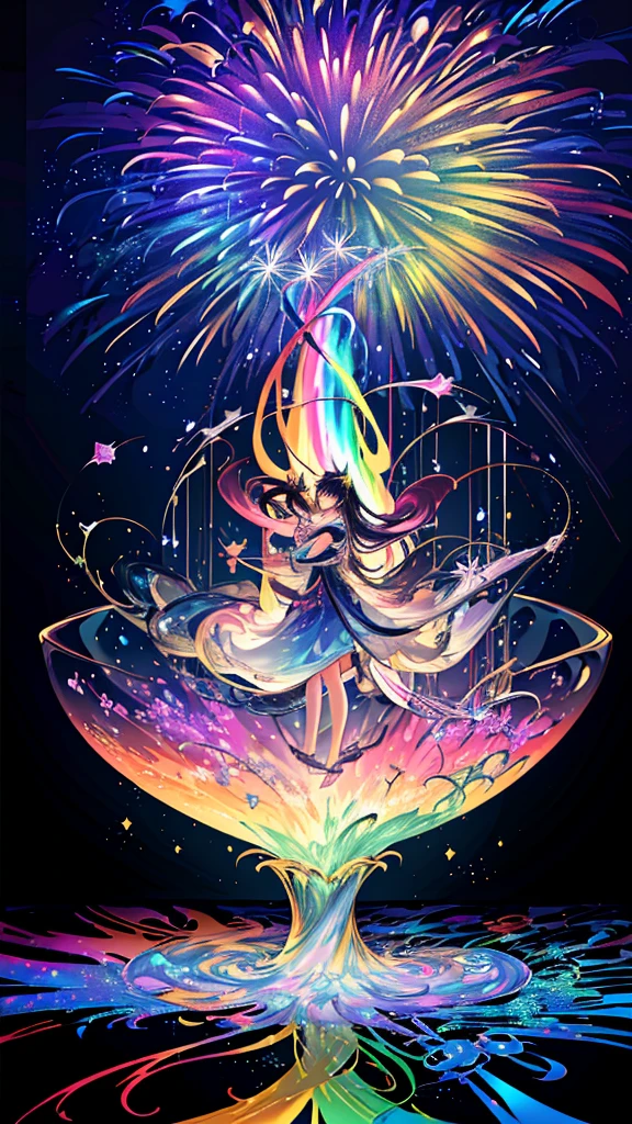 Highest quality、Highest quality、(masterpiece、Highest quality、Highest quality、Official Art、Beautiful and aesthetic:1.2)、Highly detailed fractal art、(colorful:1.5)、Best details、Tangled、Close-up、 (One Girl:1.5), solo, (Dynamic Pose), (Abstract background:1.5), (Glowing Skastic scenery、firework、firework大会、Rainbow colorsのfireworkが打ちあがっている瞬間、With the night sky、Cyberpunk Cityscape、Cyberpunk Cityscapeで壮大なfirework、Highest quality、masterpiece, (Diffuse reflection of light:1.2), When the fantastic rainbow turns into shadow, bathed in a mystical atmosphere.The fairies are watching too、colorfulな妖精、 Surreal lights dance on the water surface, Cast magic spells. evoke a sense of wonder and awe. A fusion of natural grandeur and magic, Weaving dreams into reality. Behold, null, And the unknown, Fleeting、And an eternal moment, 16K, Ultra-high resolution.Realistic, Ultra-high resolution, to be born, Wide-angle,future、Rainbow colorsに光り輝く、Rainbow colors、The world 30 years from now。