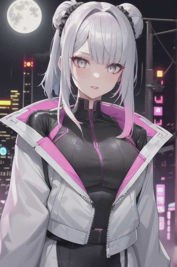 lucy \(cyberpunk\), 1girl, hair scrunchie, hime cut, silver hair, colored tips, full moon, grey eyes, jacket, long sleeves, looking at viewer, medium hair, multicolored hair, parted bangs, parted lips, pink hair, portrait, red eyeliner, red lips, solo, white jacket, cyberpunk \(series\), rainy night in a cyberpunk city with glowing neon lights