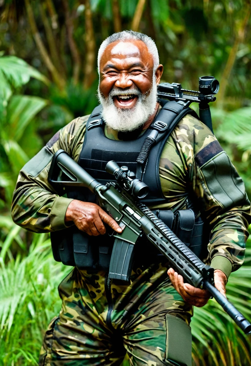 (a dark-skinned muscular fat bearded old man in a bulky camouflage zipper diver suit), laying down in a field holding a gun, muscular, toned muscles, Basuki Abdullah, sumatraism, action, a character portrait, heroic, fierce, laughing