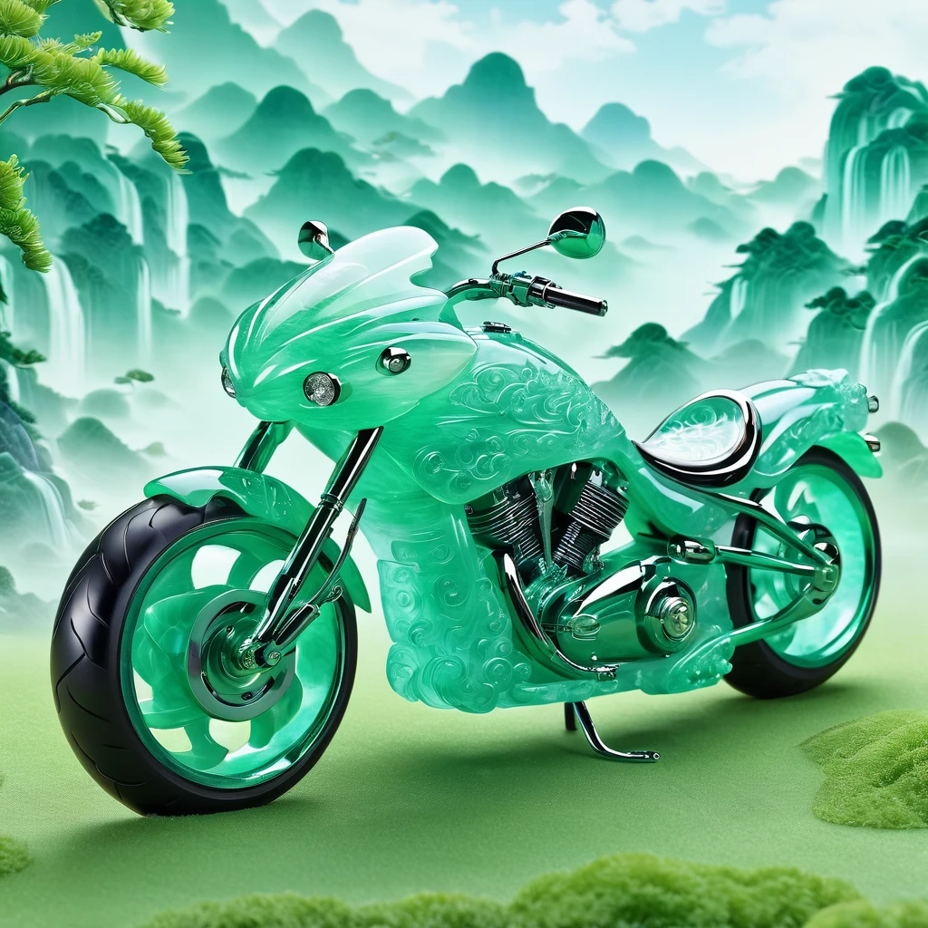 best quality, very good, 16K, ridiculous, Very detailed, Gorgeous((( Motorcycle 1.3)))，Made of translucent jadeite, Background grassland（（A masterpiece full of fantasy elements）））， （（best quality））， （（Intricate details））（8K）