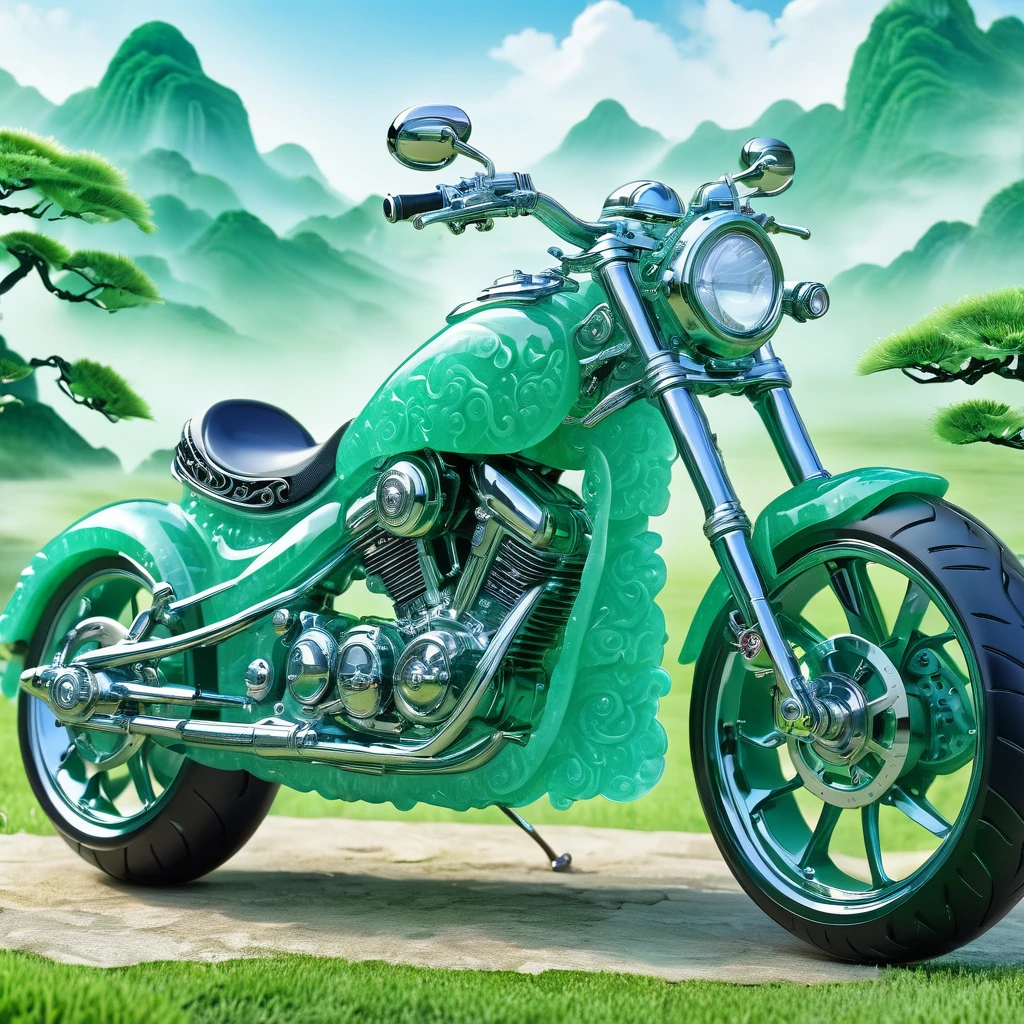 best quality, very good, 16K, ridiculous, Very detailed, Gorgeous((( Motorcycle 1.3)))，Made of translucent jadeite, Background grassland（（A masterpiece full of fantasy elements）））， （（best quality））， （（Intricate details））（8K）
