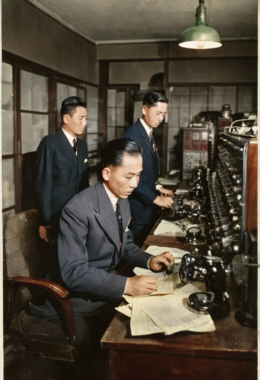 In 1949,China,Shanghai,Radio Station Office,Dim light,(The desk is filled with telegraph machines)。Several employees are working hard,One of the middle-aged men,30 years old,Wearing an old-style Zhongshan suit,The expression is firm,We are discussing with employees how to respond to the government's orders.。((They were surrounded by radio equipment.)),In the background you can see some circuit diagrams on the wall。窗口可以看见Shanghai的标志建筑,