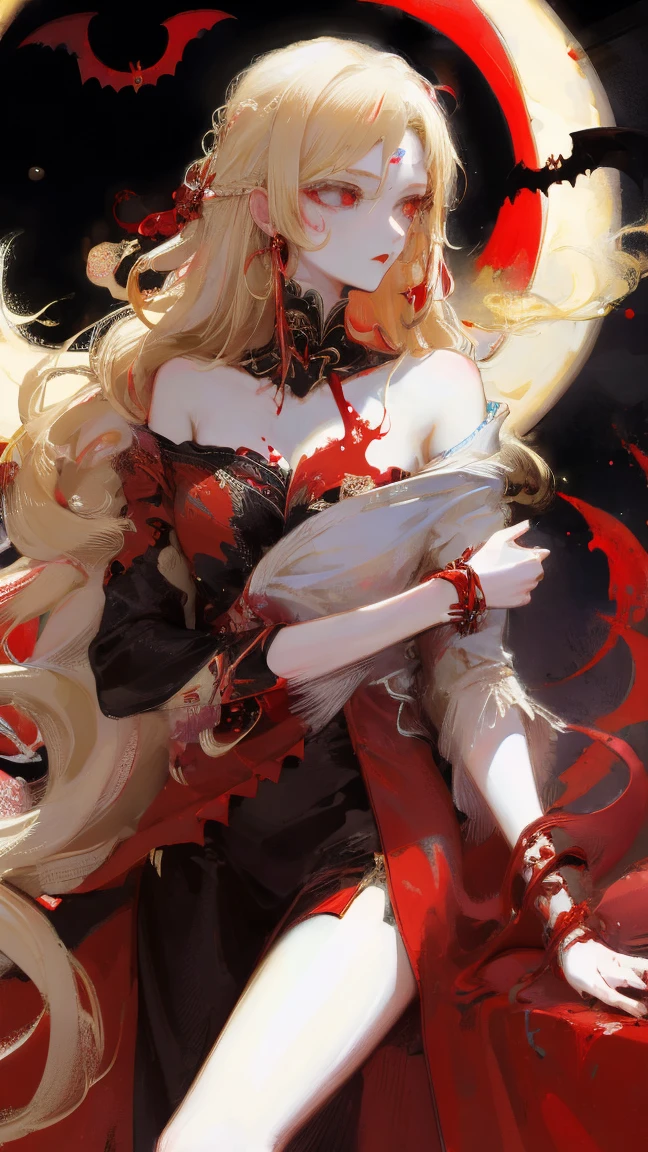Bat girl with long red eyes with white hair、doress、Red Moon Blonde Girl One、red eyes、Vampire、doress、off shoulders、Red Moon、Midnight、Black tuxedo、Return blood、Blood Rain、Bloods、Blood pool、Blonde long
