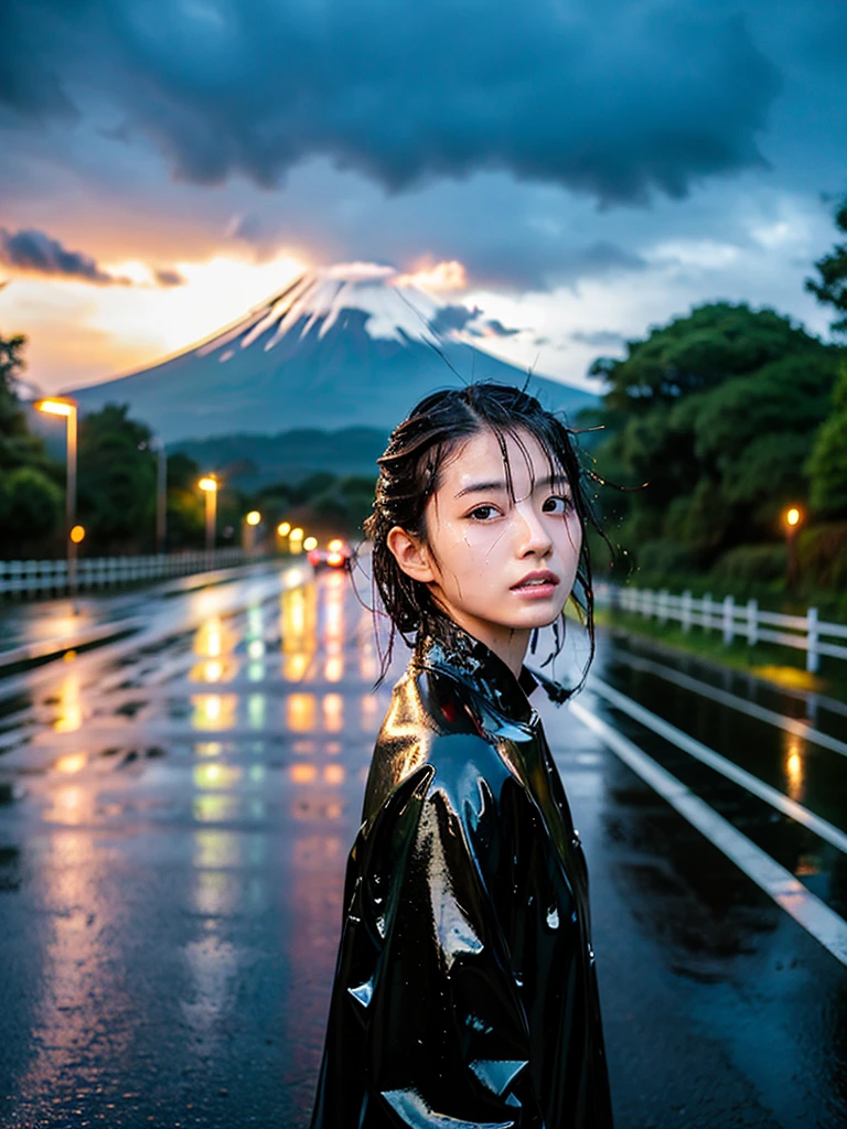 a young beautiful female japanese idol-like model with soaked wet face, wet hair, wet skin and clothes, standing on a wet road, looking up to the rainy sky, with exquisite cinematic lighting, natural lighting, high artistic quality, photorealistic, raw photo, masterpiece, beautiful, with mount fuji visible in the distance,オールバック