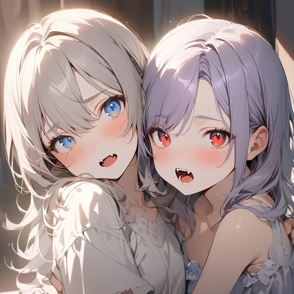 (Cute two girls:1.5),
(masterpiece:1.3), anime visual, (tilt head:1.3), extremely delicate face, realistic lighting and shading, (an extremely delicate and beautiful art:1.3), (muted colors:1.1),BREAK,(one girl with pale-purple wavy blunt hair and red eyes,fangs, one girl is hugging the other girl from behind,one girl is kissing other girl's nape:1.5), (other girl with pale-silver hair and blue eyes, the other girl is opening her mouth and looks at viewer,blush,:1.5),claw pose,