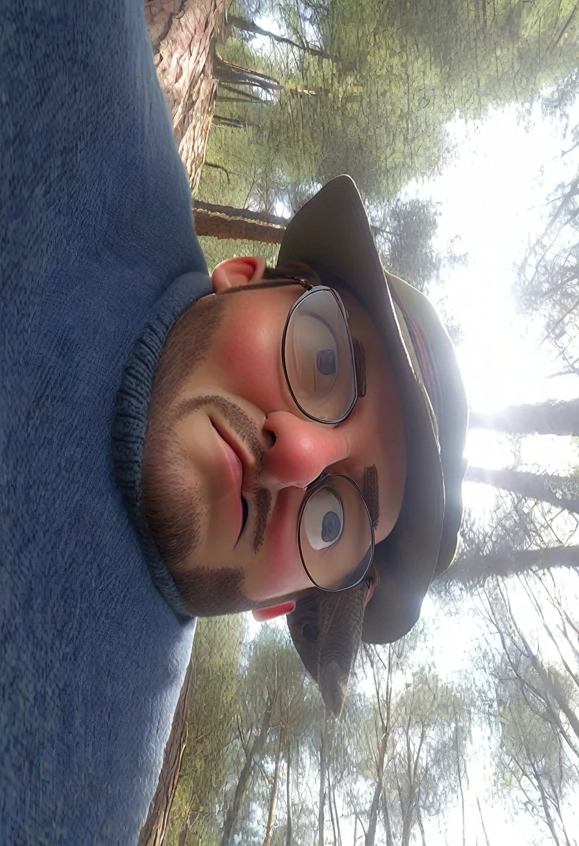 There is a man with glasses and a hat standing in the forest, against a forest background, forest in the background, forest in the background, Selfie, taken from a straight angle, standing in the forest, look directly into the camera, 8k-Selfie-Photo, with a tree in the background, look directly into the camera, look directly into the camera