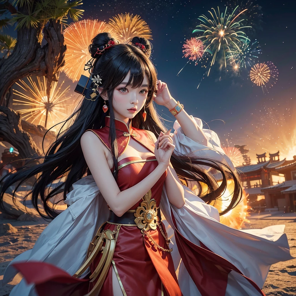 Cartoon characters in traditional Chinese costumes holding fireworks, Concept art inspired by Ju Lien, CG society hot topic, Conceptual Art, Appears as the Goddess of Fire, as the Goddess of the Sun, Genshin Impact Mid-Range, Goddess of the Sun, Anime Goddess, Keqing of Genshin Impact, Bianlian, Beautiful Fantasy Empress, Ayaka Genshin Impact