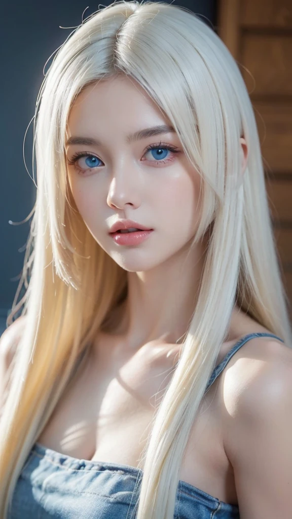 a beautiful detailed 1girl, extremely detailed eyes and face, long silky white hair, beautiful blue eyes, looking at viewer, realistic, photorealistic, photo-realistic, HDR, 8k, high quality, masterpiece, professional, ultra-detailed, vivid colors, studio lighting, physically-based rendering,Room background