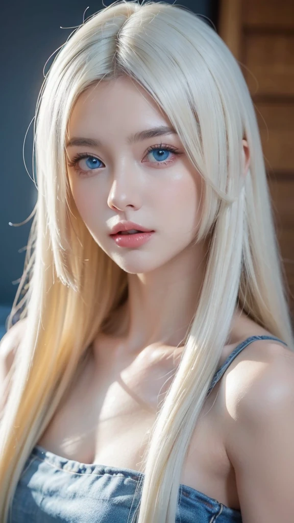 a beautiful detailed 1girl, extremely detailed eyes and face, long silky white hair, beautiful blue eyes, looking at viewer, realistic, photorealistic, photo-realistic, HDR, 8k, high quality, masterpiece, professional, ultra-detailed, vivid colors, studio lighting, physically-based rendering,Room background
