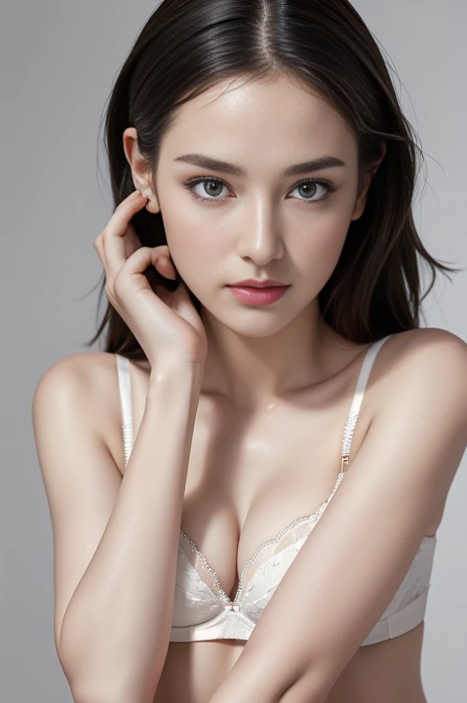 Extremely realistic bras and underwear, ((Highest quality, 8K, masterpiece: 1.3)), whole body, Outstanding beauty: 1.4, Slim Abs: 1.2,Beautiful Female Hair Portrait Photography by JoSkriver , (Highest quality) (detailed) (8K) (High resolution) (wallpaper) (Cinema Lighting) (Sharp focus),(Wearing high heels:1.1),The background is simple