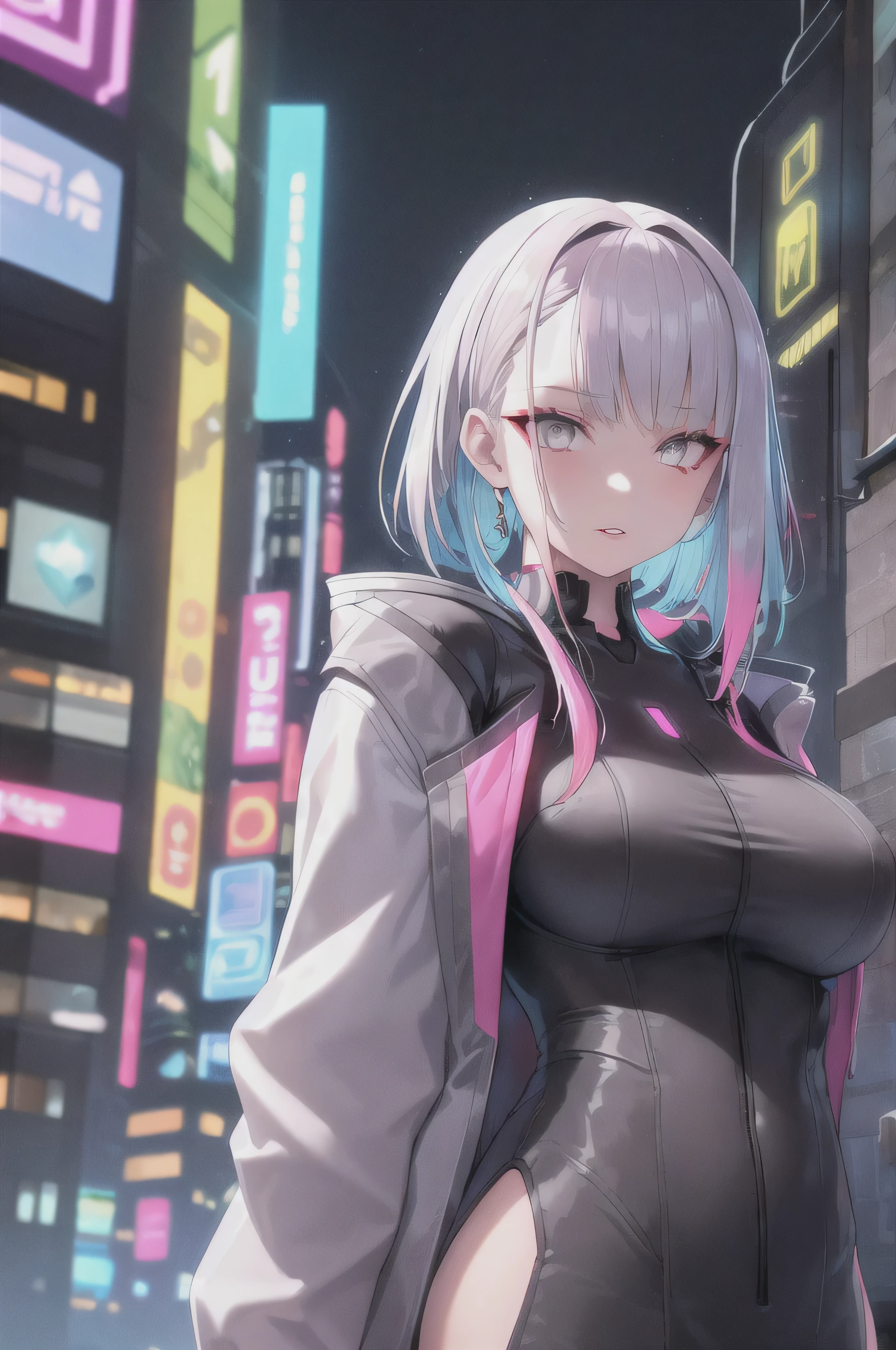 lucy \(cyberpunk\), 1girl, hair scrunchie, hime cut, silver hair, colored tips, full moon, grey eyes, jacket, long sleeves, looking at viewer, medium hair, multicolored hair, parted bangs, parted lips, pink hair, portrait, red eyeliner, red lips, solo, white jacket, cyberpunk \(series\), rainy night in a cyberpunk city with glowing neon lights