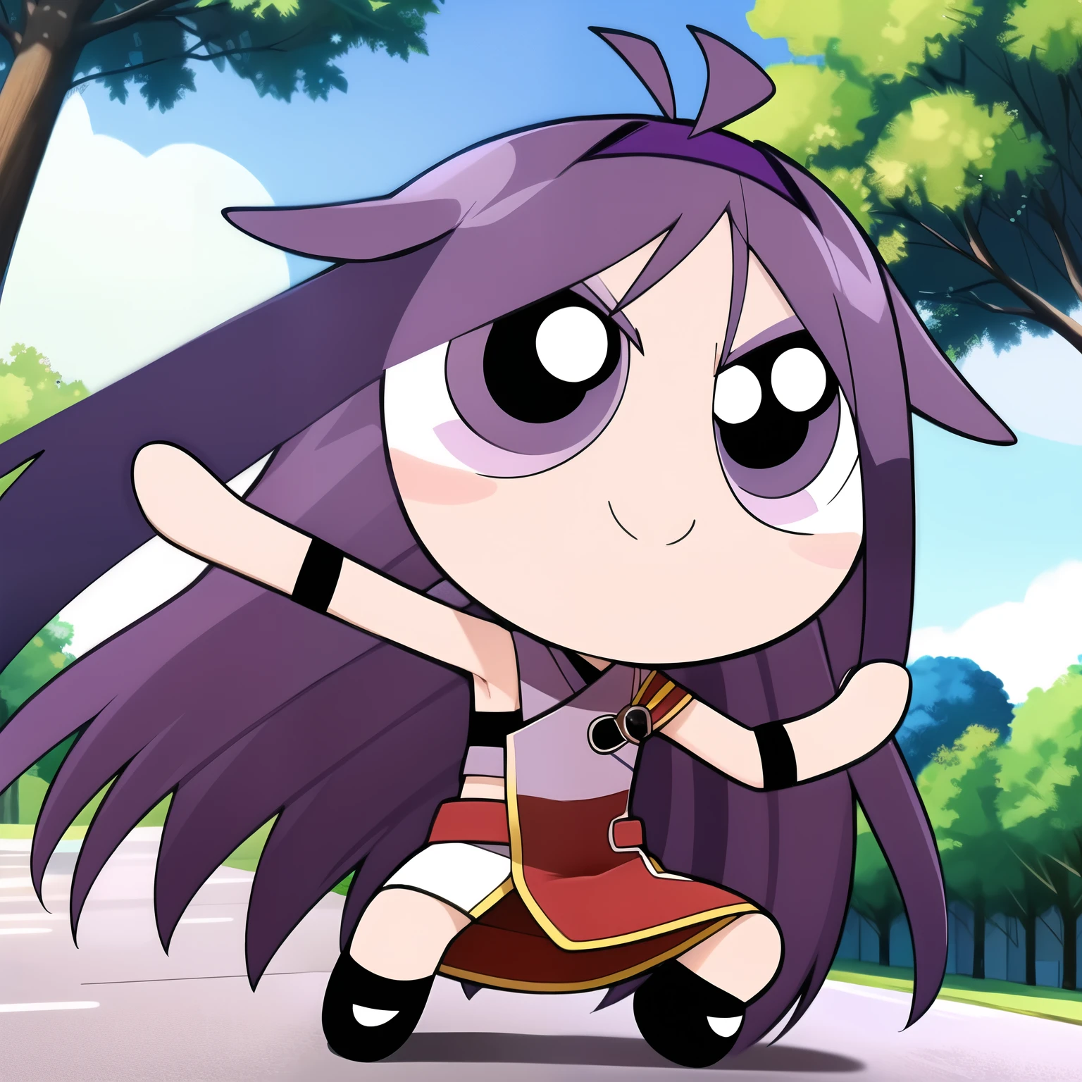 konno yuuki, cute smile, full body, 1boy , chibi, purple hair, purple eyes, tree background,