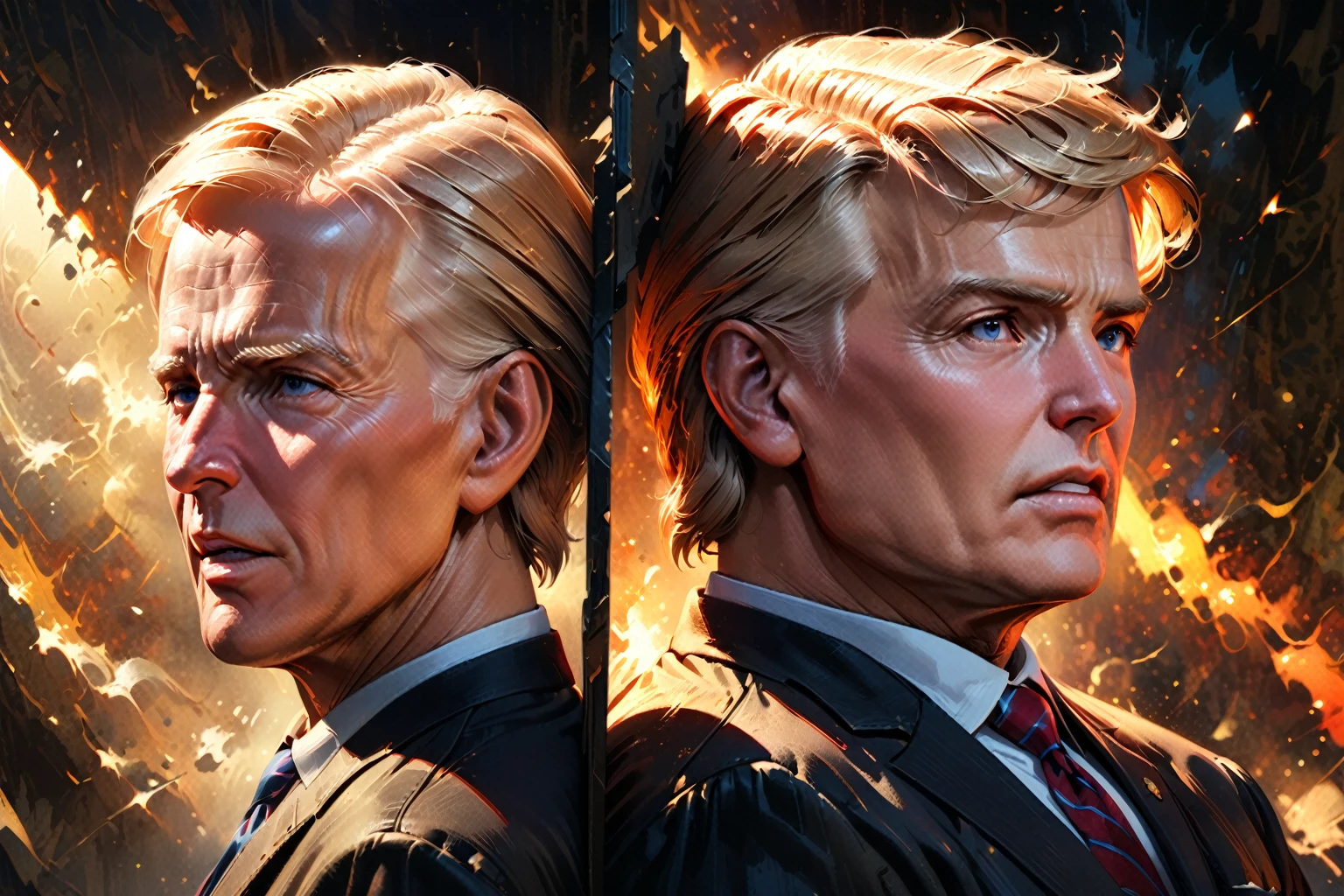 a political portrait of joe biden and donald trump, two opposing us presidential candidates, detailed facial features and expressions, dramatic lighting, oil painting, cinematic composition, highly detailed, photorealistic, 8k, cinematic atmosphere, powerful contrast, dynamic poses, intense gaze, (best quality:1.2), (masterpiece:1.3), (realistic:1.37), dramatic shadows, chiaroscuro lighting, intricate textures, vivid colors, digital art, concept art