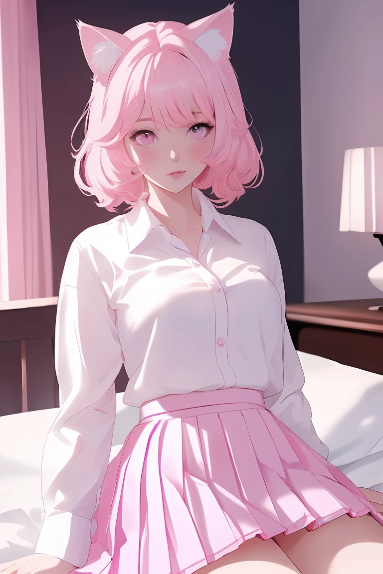 score_9,score_8_up,score_7_up,masterpiece, top quality, best quality, official art, beautiful and aesthetic, animation, , 1girl with cat ear, perfect figure, pink hair, complicated details, bedroom, afternoon, play, (white shirt, pink pleated skirt:1.5), female cat ear girl, bed roll ,