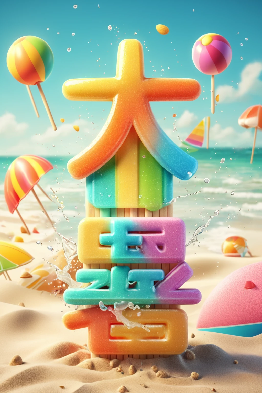 ice lolly text design, cartoony, summer beach background, Special features, Octane rendering and blender, hyper quality, clear features, Ultra HD and 8K resolution,Fresh hand drawn illustration