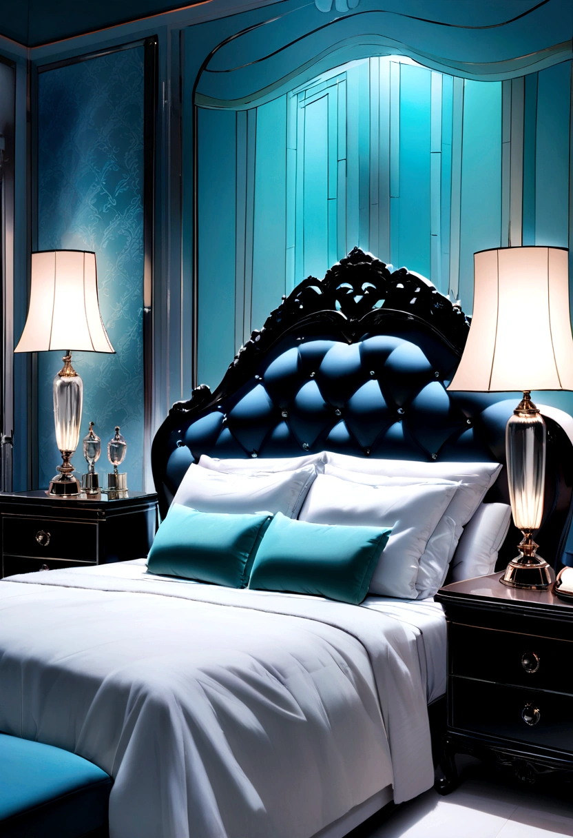 On the sofa in a room with a window Beautiful interior Sense of luxury tiffany blue wallpaper Italian aristocratic interior Modern large TV Bedside lamp