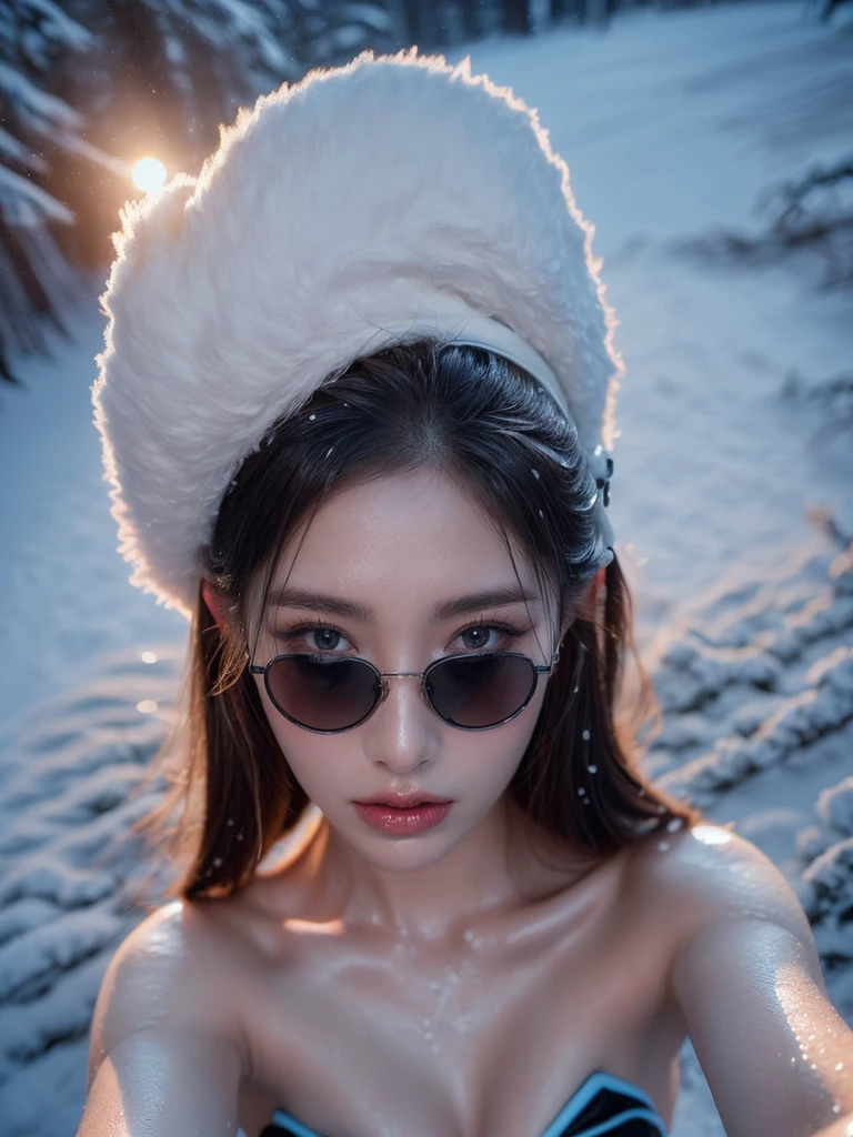 (Selfie pose, Top view shot: 1.4), (portrait photo of a woman: 1.4), RAW UHD, light skin, (long blonde hair: 1.0), (mini black bikini: 1.5), (sun glasses: 1.2), (snowy forest background: 1.2), high detail, soft lighting, sexy expression, winter scene, (perfect anatomy: 1.5), (night time: 1.5), (blue light mood and tone: 1.5), (low light: 1.6)