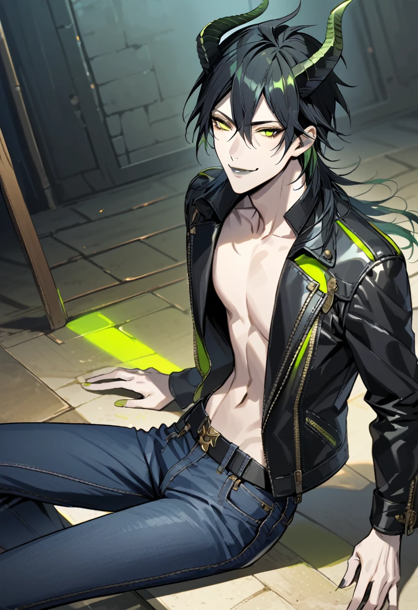 masterpiece, highres, absurdres, illustration, 1boy, sitting on floor, topless, black leather jacket, jeans, dynamic angle, malleus draconia (twisted wonderland) horns, bishounen, boy, male, yana Toboso style, long hair, black hair, yellow green eyes, smile, gray lips, handsome, skinny, tall, yellow green glow,