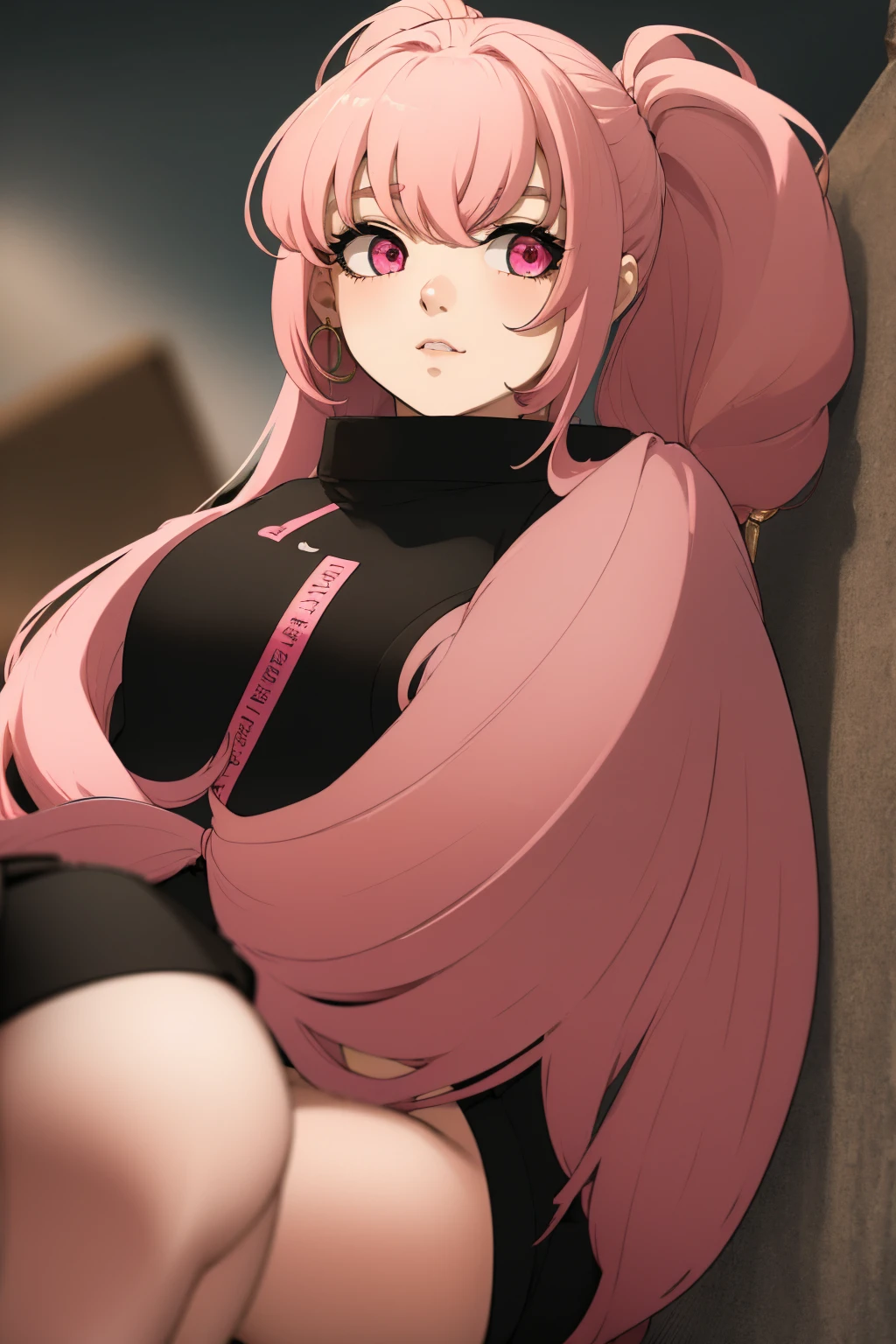 1girl, solo, best quality, masterpiece, absurdres, pink hair, long hair, ponytail, high ponytail, bangs, pink eyes, She has a high ponytail with bangs, her hair is long and pink, her eyes are pink, her outfit is pink, everything that she wears is pink because thats her favorite color, she wears earrings, ,MeruNyaa_vivid_colors