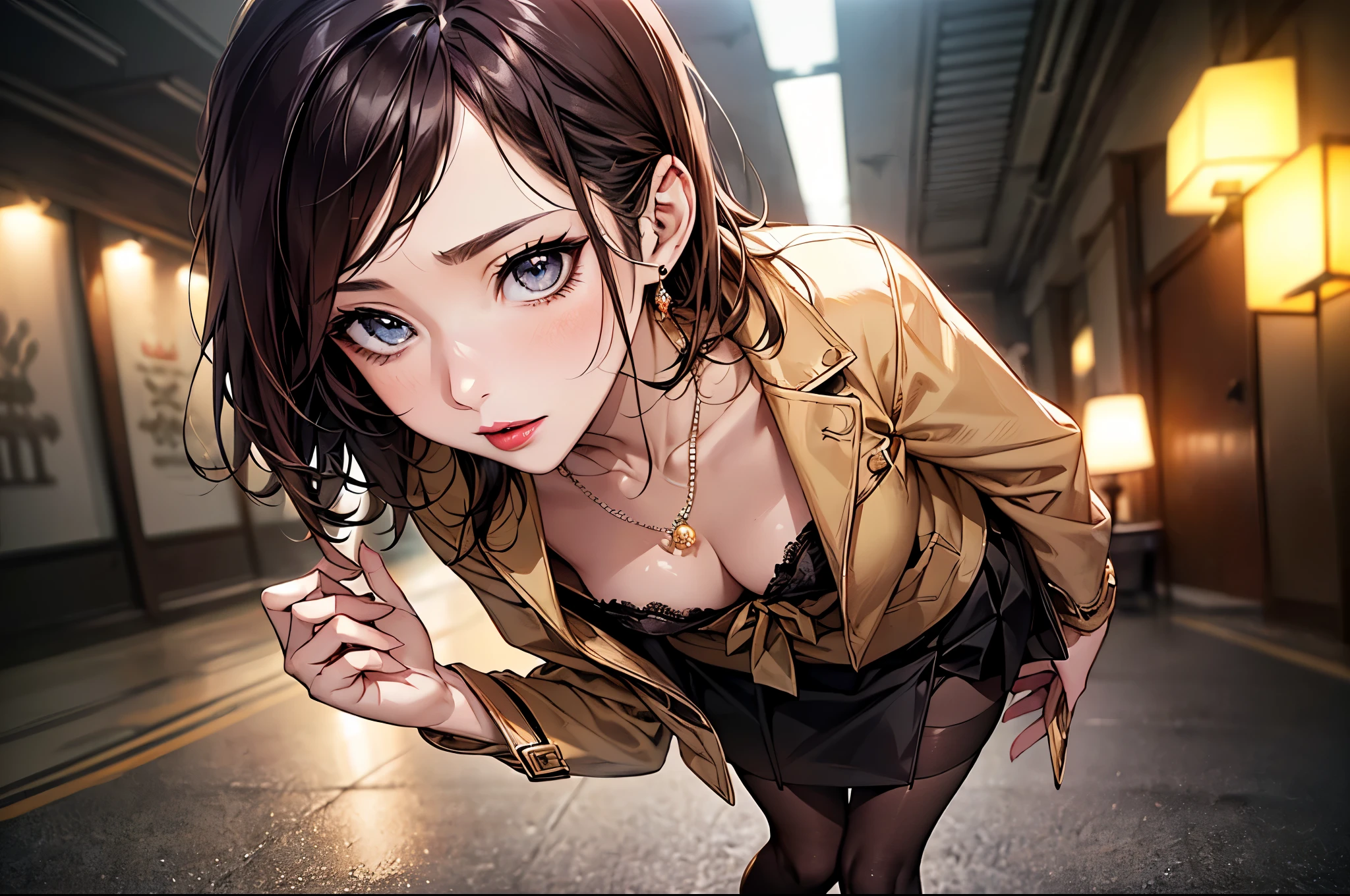 ((Biologically correct limb count))、(( Full-body photo including face))、4K、((Standing position))、masterpiece、((Focus on the face))、((Symmetrical facial features))、Eyes with detailed description、Beautiful woman、Excellent style、Beautiful clavicle、Beautiful feet、Beautiful Hands、Slender body、(rubber tights、garter belt、High heels）、Facial detailing、Small earrings、necklace、(rubber jacket、Rubber Skirt)、Face close-up、Lighting the face、tie、sunny、(((White framed photo)))、Fascinating、Night street、profile、((A photo of the moment you put on lipstick))