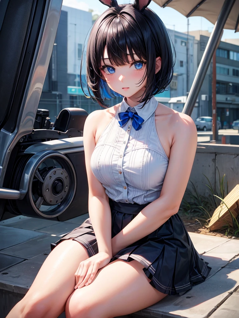 black haired girl,blue eyes,short hair with bangs,Bunny girl