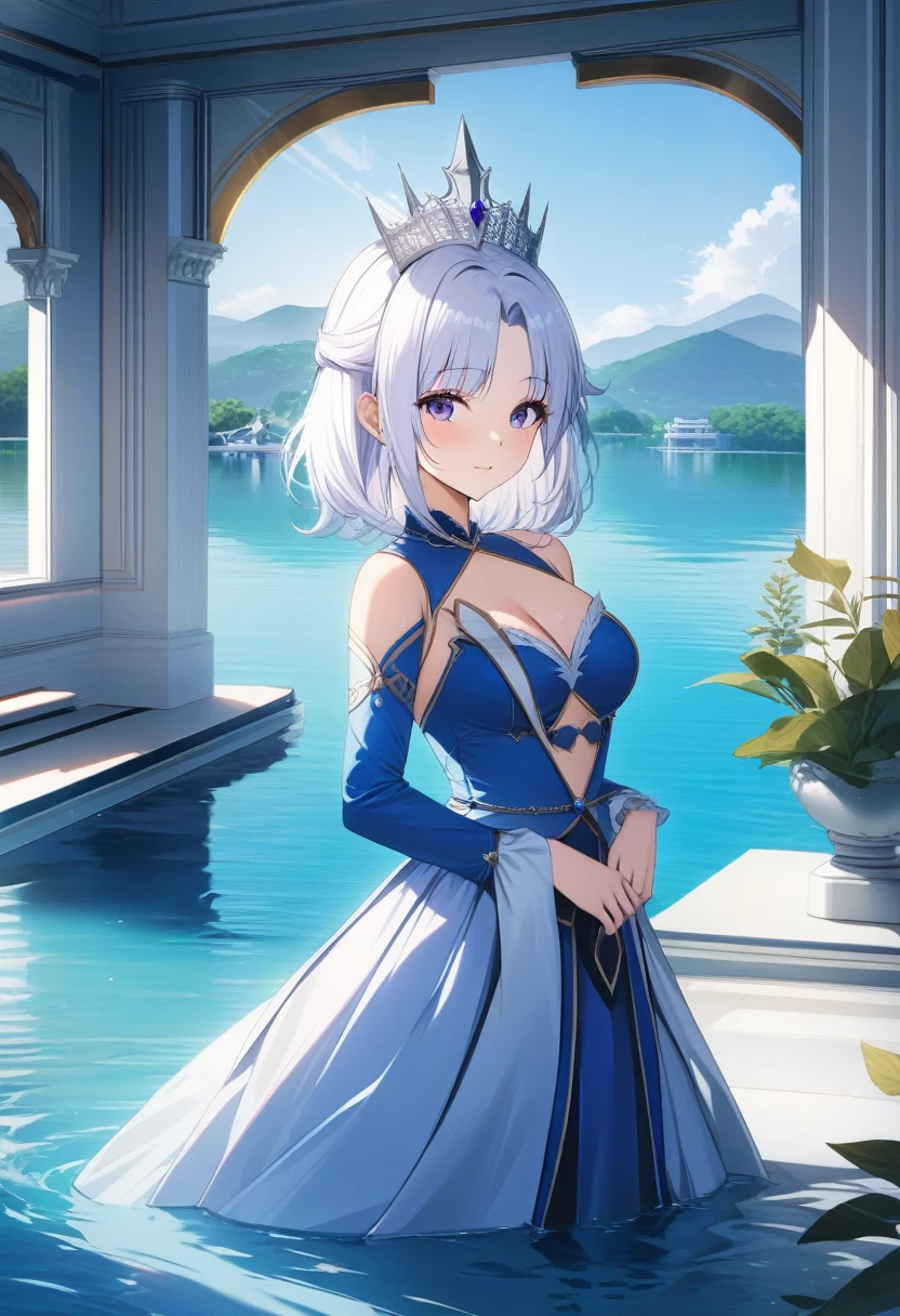 1girl, dragon princess, unicorn horn, faint smile, dignified, medium breasts, blue dress, long sleeves, medium hair, white hair, winged silver crown, bead necklace, beads, smooth parted bangs, lake palace, pristine water, pristine sky, masterpiece quality, ultra HD, 4K, best quality,