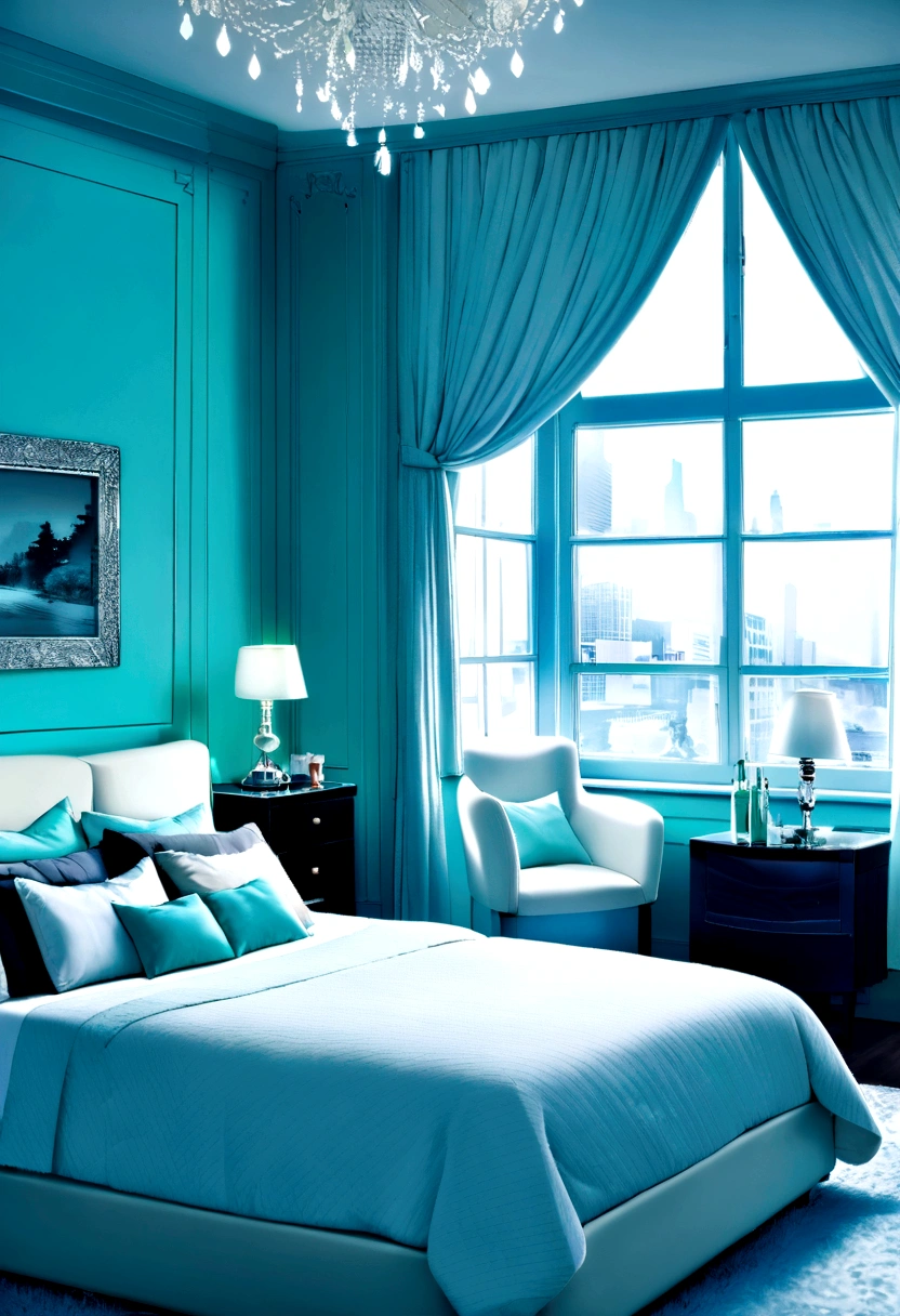 On the sofa in a room with a window Beautiful interior Sense of luxury tiffany blue wallpaper Modern large TV Bedside lamp Teenage room
