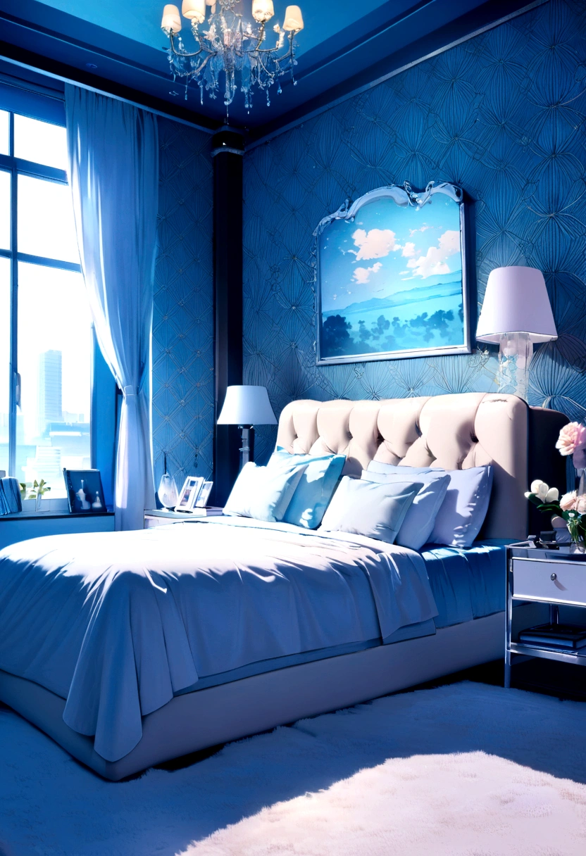 On the sofa in a room with a window Beautiful interior Sense of luxury tiffany blue wallpaper Modern large TV Bedside lamp Teenage room