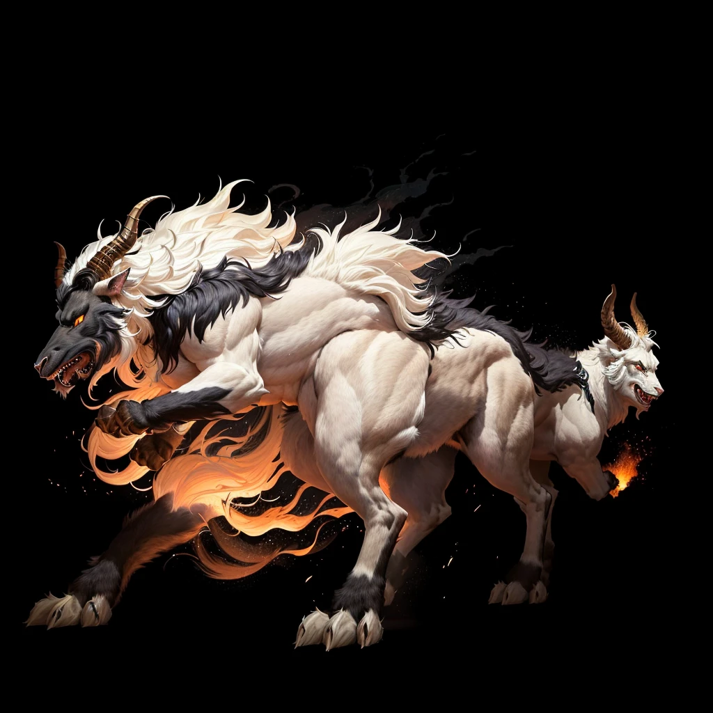 there is a very large animal with a very long tail, a minotaur wolf, male centaur centaur chimera, asura from chinese myth, fit male demon with white horns, cerberus, roaring mutant goat monster, manticore, mythical creature, one a demon - like creature, one a demon-like creature, a mythical creature
