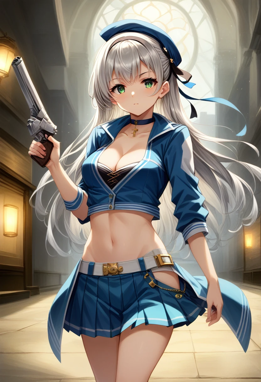 score_9,score_8_up,score_7_up,score_6_up,score_5_up,score_4_up, ,source_anime BREAK,from front,front view,(soro focus),,straight-on,standing,,looking at viewer,masterpiece, best quality, very aesthetic, absurdres,extremely detailed CG unity 8k wallpaper,cinematic angle, great lighting, detailed shadows,detailed body, anime artwork, anime style, key visual, vibrant,studio anime, highly detailed, anime coloring,raceElie, hairband, choker, blue hat, blue jacket, cropped jacket, cleavage, midriff, blue shorts, pleated skirt,holding a pistol,silver pistol,aiming at viewer, focused pistol, (zoom in upper body),