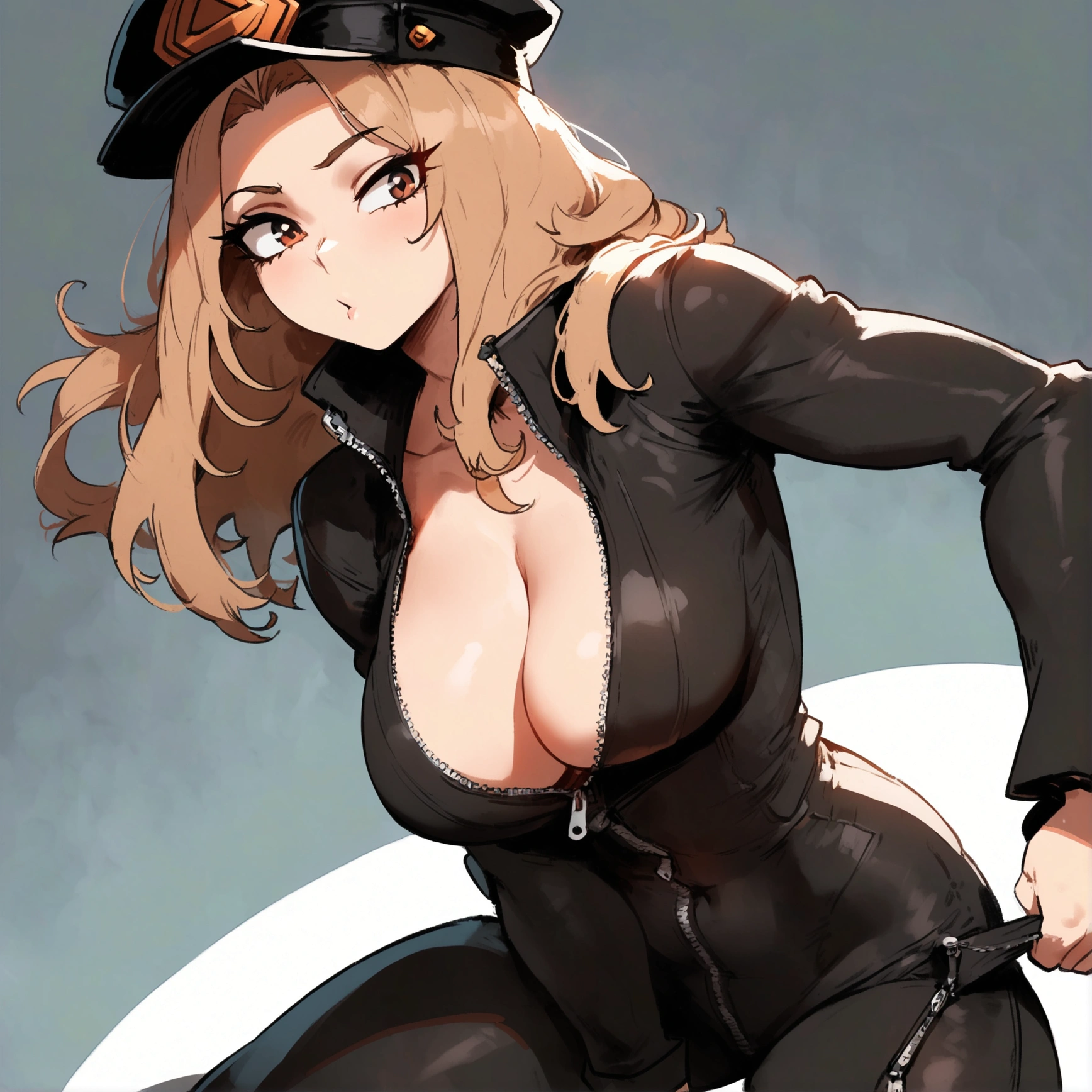 1girl, utsushimi kemii, boku no hero academia \\\\\ masterpiece, best quality, very aesthetic, absurdres, newest \\\\\\ slim body,///// by dodok,by nyantcha,cutesexyrobutts , by khyle,,//////light brown hair , cap, black catsuit . white background, simple background, dark brown eyes, zipper running down the middle, left slightly down to reveal her cleavage, the cover of a porn magazine, her hand running down a zipper