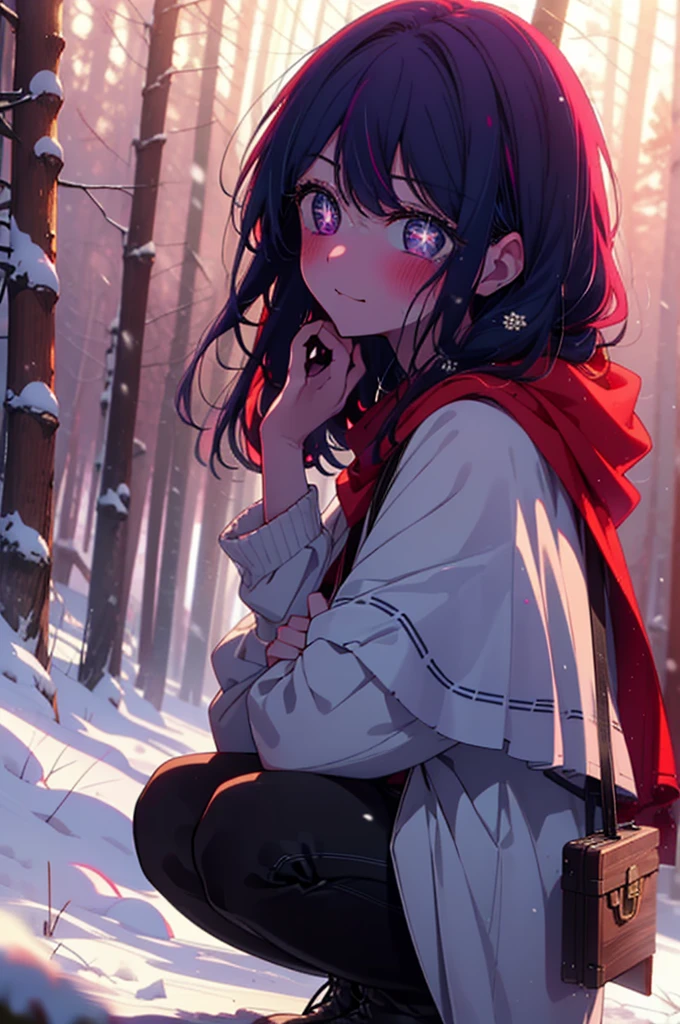 aihoshino, Ai Hoshino, Long Hair, bangs, (Purple eyes:1.1), Purple Hair, (Symbol-shaped pupil:1.5), smile,,smile,blush,White Breath,
Open your mouth,snow,Ground bonfire, Outdoor, boots, snowing, From the side, wood, suitcase, Cape, Blurred, , forest, White handbag, nature, Squat, Mouth closed, Cape, winter, Written boundary depth, Black shoes, red Cape break looking at viewer, Upper Body, whole body, break Outdoor, forest, nature, break (masterpiece:1.2), Highest quality, High resolution, unity 8k wallpaper, (shape:0.8), (Beautiful and beautiful eyes:1.6), Highly detailed face, Perfect lighting, Extremely detailed CG, (Perfect hands, Perfect Anatomy),