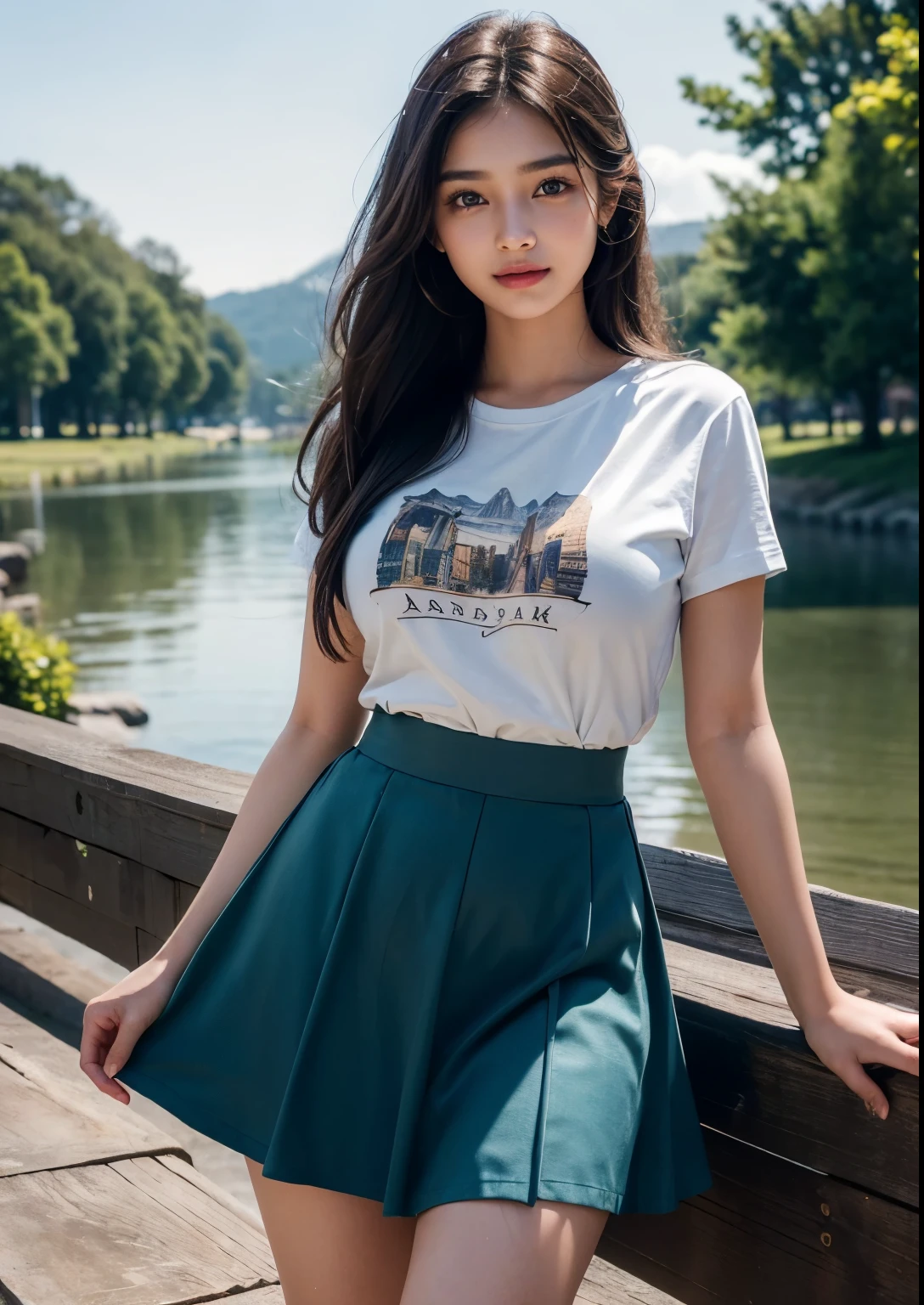 a beautiful indian young girl, (( young girl)), detailed face with beautiful eyes and lips, long black hair, romantic Eyes, beautiful eyes, smiley face, happy face, Glow face, glow skin, bright skin, glow, realistic skin, realistic smile, cutest smile, realistic body, super Round Young breasts, ((T-shirt with above knee length skirt)), (colourful youth dress), youth skirt, detailed youth dress, stylish look, stylish angles, photorealistic, realistic, masterpiece, ultra-detailed,8k, (best quality,8k,highres,masterpiece:1.2),ultra-detailed,(realistic,photorealistic,photo-realistic:1.37), highly detailed, cinematic lighting, vibrant colors, warm tones, masterpiece,highres,warm lighting, vibrant colors, soft focus, elegant, cinematic, highly detailed, professional digital art, UHD, Ultra HD, ultra realistic, hyper realistic, ultra sharp, vivid, realistic atmosphere, Beautiful festival atmosphere in background,  beautiful background scenery, detailed background, hyper-detailed background, cinematic photography, award winning Photography, Very High Resolution picture quality,