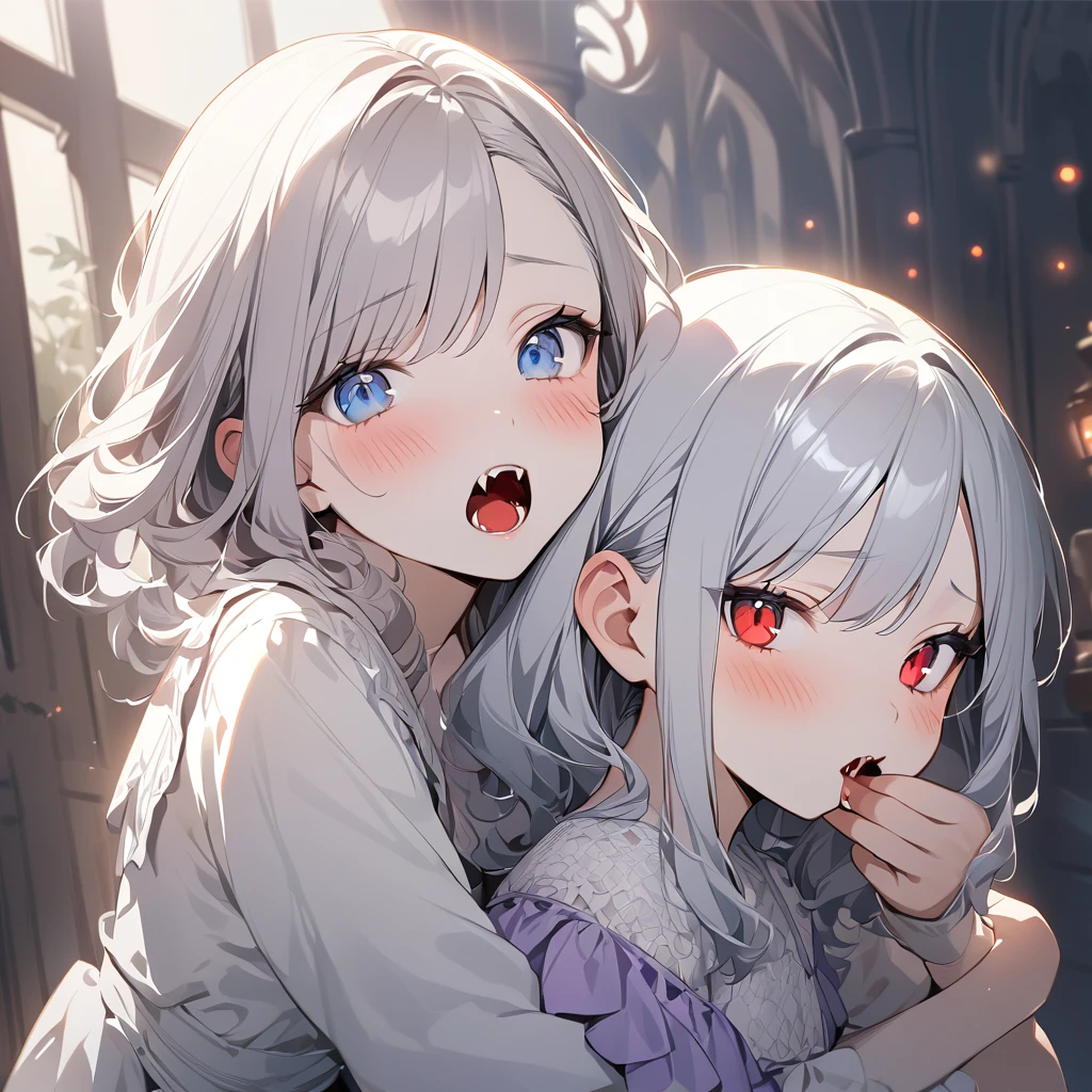 (Cute two girls:1.5),
(masterpiece:1.3), anime visual, (tilt head:1.3), extremely delicate face, realistic lighting and shading, (an extremely delicate and beautiful art:1.3),  (muted colors:1.1),BREAK,(one girl with pale-purple wavy blunt hair and red eyes,fangs, one girl is hugging the other girl from behind,one girl is kissing other girl's nape:1.5), (other girl with pale-silver hair and blue eyes, the other girl is opening her mouth and looks at viewer,blush,:1.5),claw pose,Vampire cloak, lolita dress,