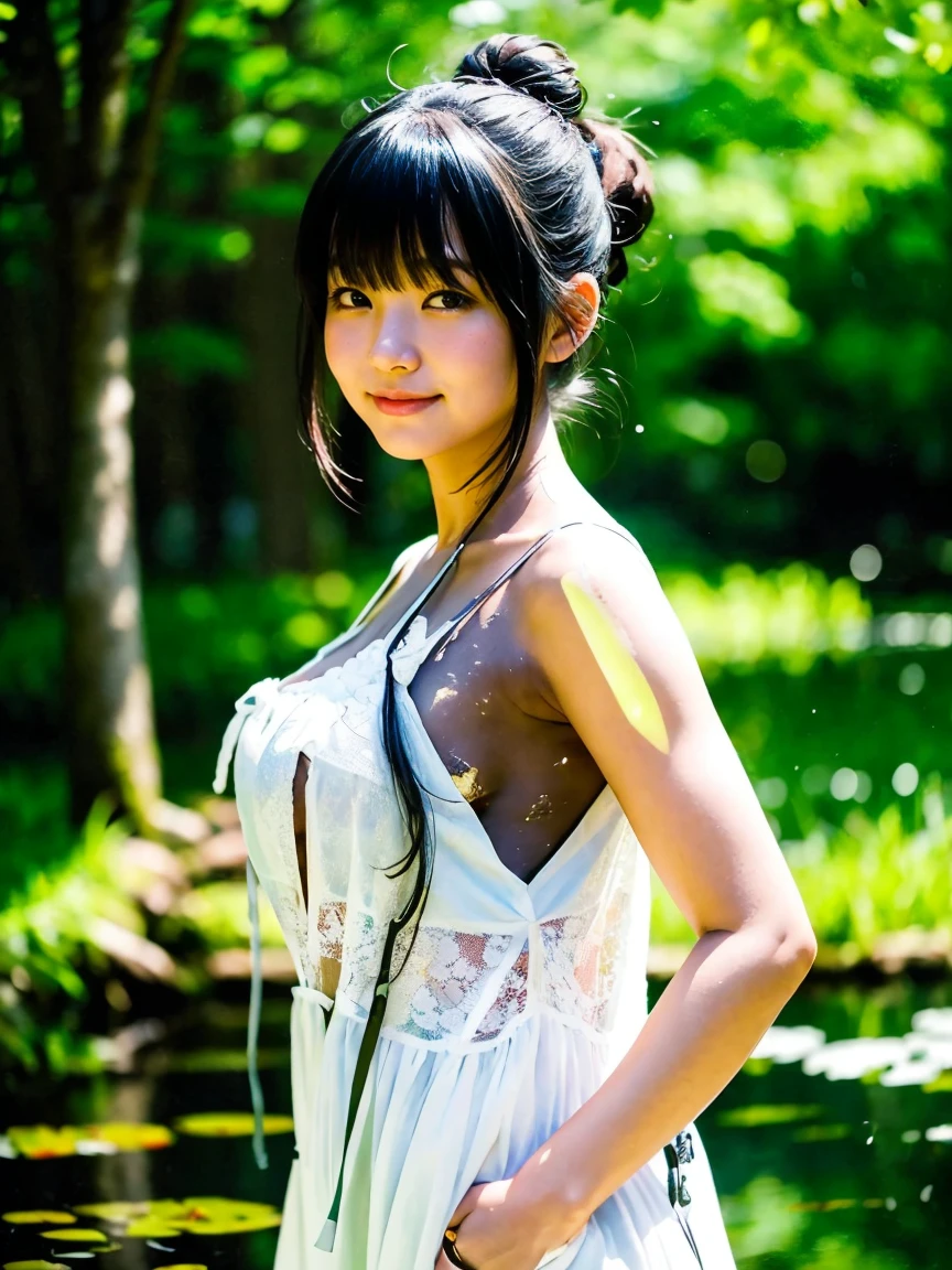 I'm in the kitchen. Cute baby face. Water gushes out from below. A baby-faced, fair-skinned Japanese woman. She has bangs. Her hair style is a bun. Cinematic shot. Color photo of 2024. A 20 year old cute Japanese woman. She is wearing a tattered white dress. She has wheat-colored skin. A pond in the forest park. A shy smile. --s 750 --style raw