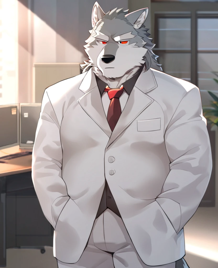 Wolf，personification，Mature male，Strong Man，Gray hair，naked，Sleepy expression，Red pupil，White eyebrows，White suit suit，Hands in pockets，The Age of Steam，office。