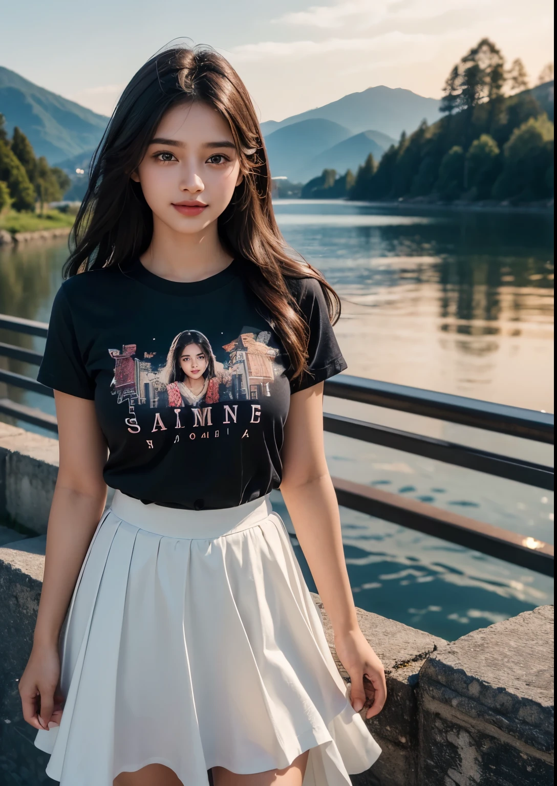 a beautiful indian young girl, ((16 years young girl)), detailed face with beautiful eyes and lips, long black hair, romantic Eyes, beautiful eyes, smiley face, happy face, Glow face, glow skin, bright skin, glow, realistic skin, realistic smile, cutest smile, realistic body, super Round Young breasts, ((T-shirt with above knee length skirt)), (colourful youth dress), youth skirt, detailed youth dress, stylish look, stylish angles, photorealistic, realistic, masterpiece, ultra-detailed,8k, (best quality,8k,highres,masterpiece:1.2),ultra-detailed,(realistic,photorealistic,photo-realistic:1.37), highly detailed, cinematic lighting, vibrant colors, warm tones, masterpiece,highres,warm lighting, vibrant colors, soft focus, elegant, cinematic, highly detailed, professional digital art, UHD, Ultra HD, ultra realistic, hyper realistic, ultra sharp, vivid, realistic atmosphere, Beautiful festival atmosphere in background,  beautiful background scenery, detailed background, hyper-detailed background, cinematic photography, award winning Photography, Very High Resolution picture quality,