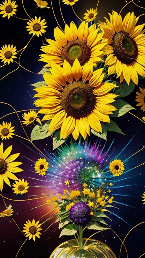 sunflower畑、firework、firework大会、Rainbow colorsのfireworkが打ちあがっている瞬間、夜nullとともに、sunflower畑な都市景観、壮大なfirework、近future都市、Highest quality、masterpiece, (Diffuse reflection of light:1.2), When the fantastic rainbow turns into shadow, bathed in a mystical atmosphere.sunflowerたちも見ています、 sunflower,たくさんのsunflower、 Cast magic spells. evoke a sense of wonder and awe. A fusion of natural grandeur and magic, Weaving dreams into reality. Behold, null, And the unknown, Fleeting、And an eternal moment, 16K, Ultra-high resolution.Realistic, Ultra-high resolution, to be born,future、Rainbow colorsに光り輝く、Rainbow colors、The world 30 years from now。