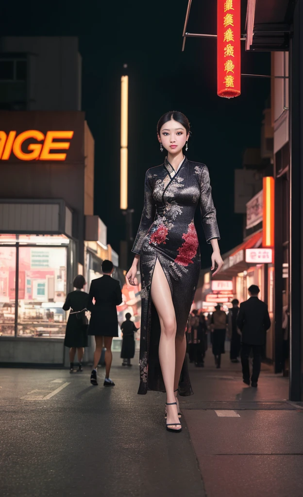 (masterpiece), (Extremely complex:1.3), (Practical), A Chinese beauty walking on the streets of a modern city,Wear the latest designer clothes,Strong fabric texture,Full body shot,Busy commercial district,Under bright neon lights,There are tall buildings in the distance,Show the confidence and charm of urban women,Professional street photography,The composition is exquisite,Capturing the light just right,Won the Fashion Magazine Cover Award,Using advanced photography technology,Strong three-dimensional sense,The foreground characters are clear while the background is subtly blurred,In sharp contrast,City skyline at dusk,Dynamically capture every moment of change。
