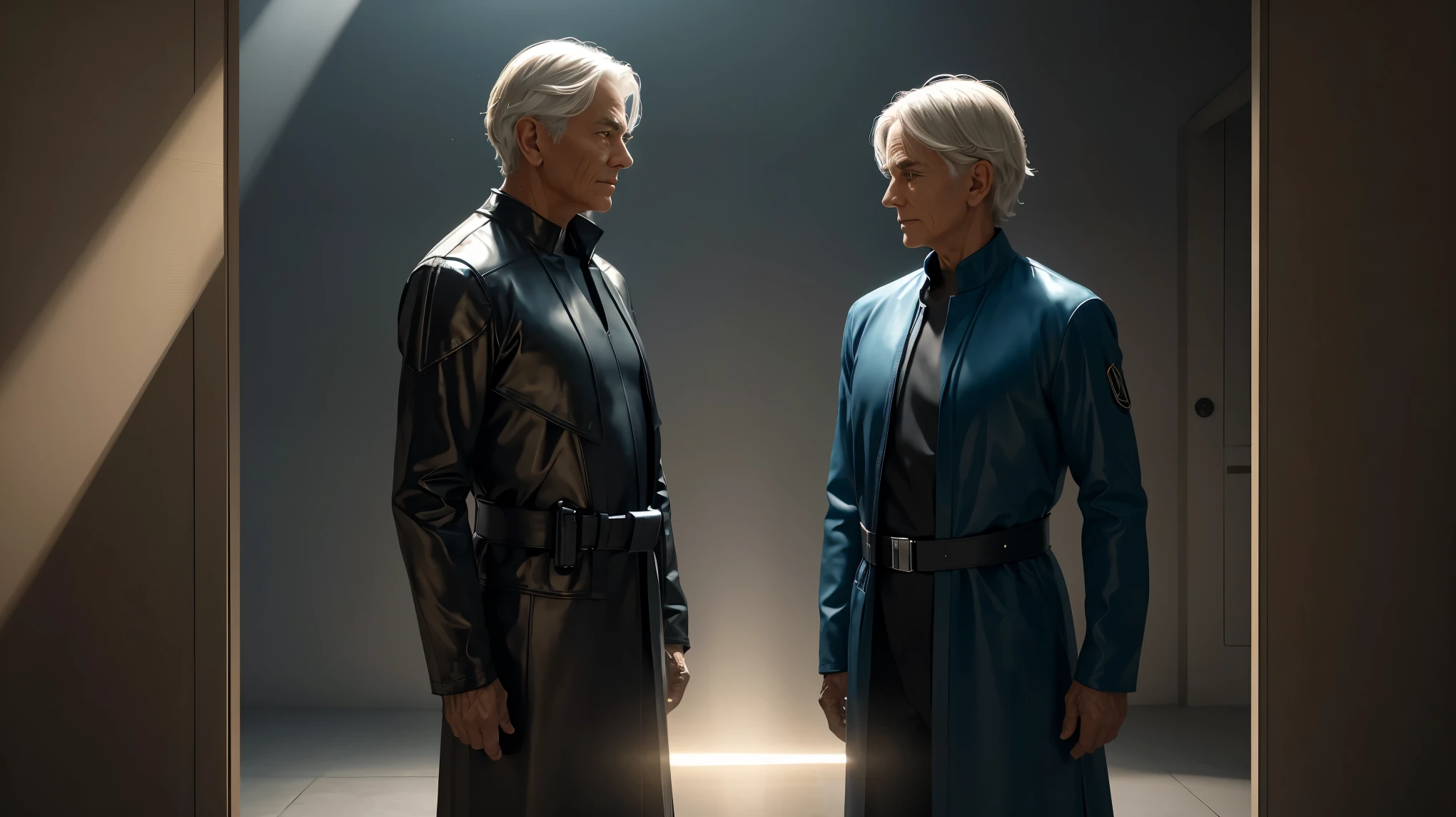 "Depict a scene where an older individual stands next to a younger clone of themselves. The older person's consciousness is being transferred to the younger clone, represented by a glowing stream of light moving from one head to the other. The setting should feel advanced and somewhat futuristic."