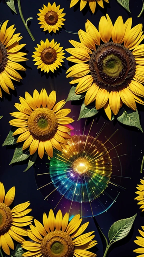 sunflower畑、firework、firework大会、Rainbow colorsのfireworkが打ちあがっている瞬間、夜nullとともに、sunflower畑な都市景観、壮大なfirework、近future都市、Highest quality、masterpiece, (Diffuse reflection of light:1.2), When the fantastic rainbow turns into shadow, bathed in a mystical atmosphere.sunflowerたちも見ています、 sunflower,たくさんのsunflower、 Cast magic spells. evoke a sense of wonder and awe. A fusion of natural grandeur and magic, Weaving dreams into reality. Behold, null, And the unknown, Fleeting、And an eternal moment, 16K, Ultra-high resolution.Realistic, Ultra-high resolution, to be born,future、Rainbow colorsに光り輝く、Rainbow colors、The world 30 years from now。