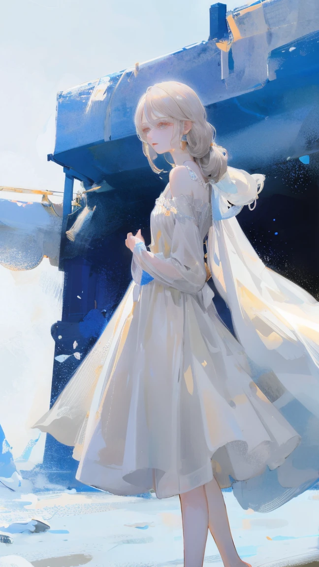 (Highest quality, High resolution), (Pure white background), Barefoot girl standing on the plain, Gray Hair, White eyelashes, White eyebrows, There was a cold look on her face, Fair skin, White Dress, Sad look, Sense of light, Soft and delicate, Ultra Sharp, High resolution images, (close)