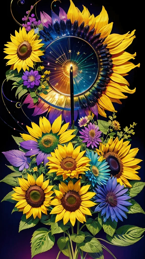 sunflower畑、firework、firework大会、Rainbow colorsのfireworkが打ちあがっている瞬間、夜nullとともに、sunflower畑な都市景観、壮大なfirework、近future都市、Highest quality、masterpiece, (Diffuse reflection of light:1.2), When the fantastic rainbow turns into shadow, bathed in a mystical atmosphere.sunflowerたちも見ています、 sunflower,たくさんのsunflower、 Cast magic spells. evoke a sense of wonder and awe. A fusion of natural grandeur and magic, Weaving dreams into reality. Behold, null, And the unknown, Fleeting、And an eternal moment, 16K, Ultra-high resolution.Realistic, Ultra-high resolution, to be born,future、Rainbow colorsに光り輝く、Rainbow colors、The world 30 years from now。