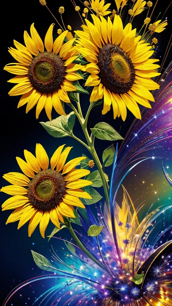 sunflower畑、firework、firework大会、Rainbow colorsのfireworkが打ちあがっている瞬間、夜nullとともに、sunflower畑な都市景観、壮大なfirework、近future都市、Highest quality、masterpiece, (Diffuse reflection of light:1.2), When the fantastic rainbow turns into shadow, bathed in a mystical atmosphere.sunflowerたちも見ています、 sunflower,たくさんのsunflower、 Cast magic spells. evoke a sense of wonder and awe. A fusion of natural grandeur and magic, Weaving dreams into reality. Behold, null, And the unknown, Fleeting、And an eternal moment, 16K, Ultra-high resolution.Realistic, Ultra-high resolution, to be born,future、Rainbow colorsに光り輝く、Rainbow colors、The world 30 years from now。